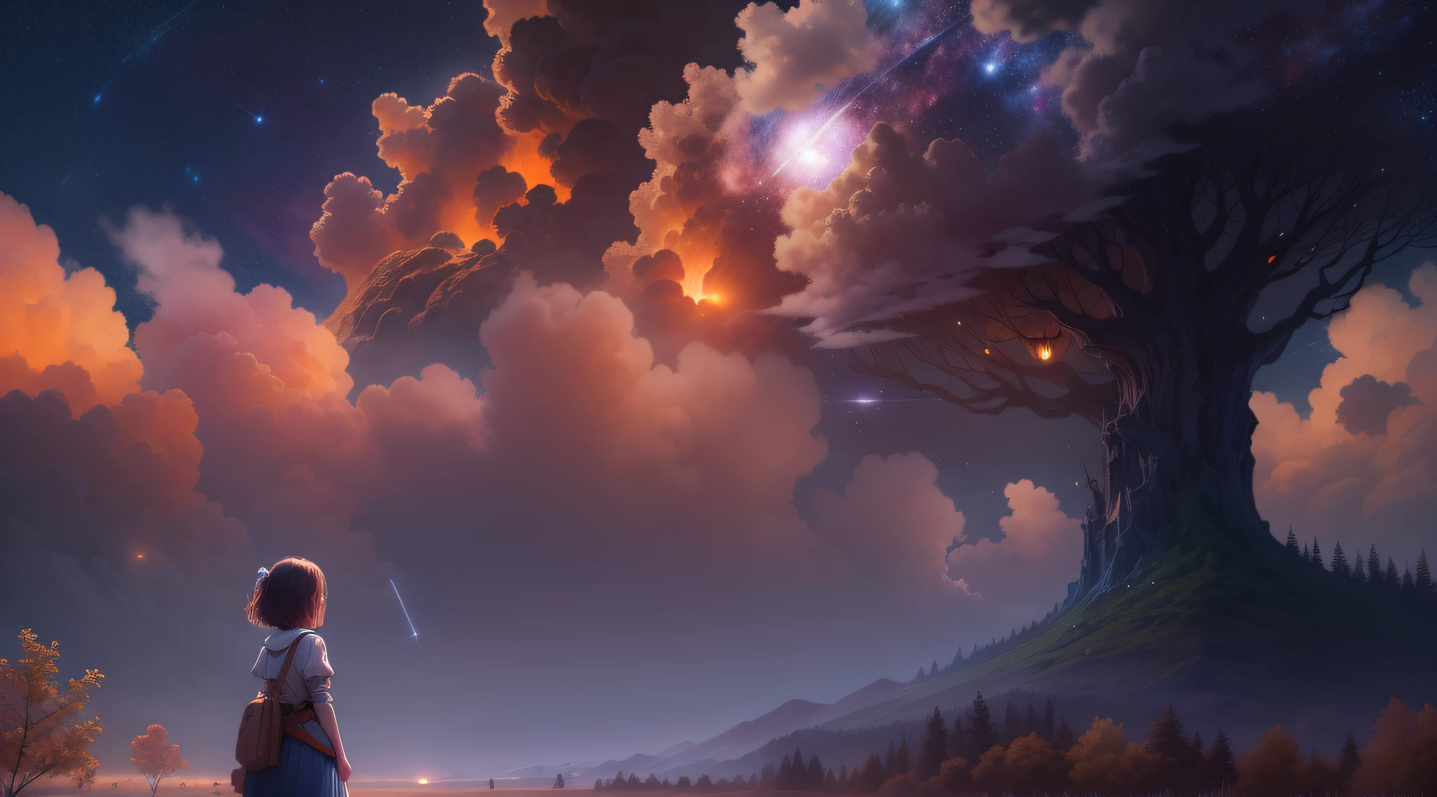 Expansive landscape photograph, (view from below with a view of the sky and the wilderness below), little girl standing in a flower field looking up, (full moon: 1.2), (shooting star: 0.9), (nebula: 1.3), distant mountain, tree break production art, (warm light source: 1.2), (firefly: 1.2), lamp, purple and orange, intricate detail, volume lighting BREAK (masterpiece: 1.2), (highest quality ), 4k, ultra-detailed, (dynamic configuration: 1.4), highly detailed and colorful details (iridescent: 1.2), (sparkling lighting, atmospheric lighting), dreamy, magical, (solo: 1.2)