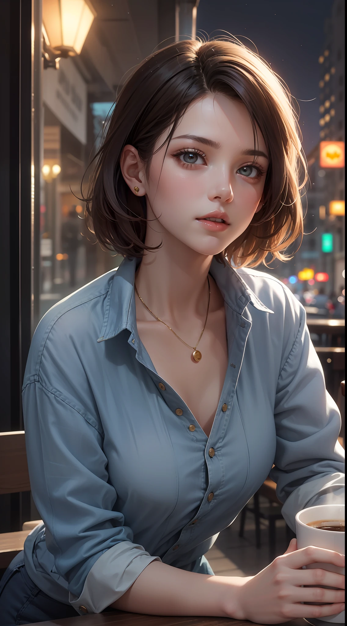 tmasterpiece,Best quality at best,highers,1girll,beauitful face,((best qualtiy)), ((tmasterpiece)), (A detailed:1.4),((full bodyesbian)),Enhanced dynamic perspective,(beautiful sexy girl,short detailed hair,Denim long skirt,Sitting in a street coffee shop,drinking a coffee),kawa,(Lunette de soleil),Come to me,Future sci-fi city street,Egg-shaped building,((Lateral face)),Street photography,Bright colors,nighttime scene,high qulity,super-fine,Detailed pubic hair,Accurate,Cinematic lighting,face_Focus,(Announcer),(NSFW)