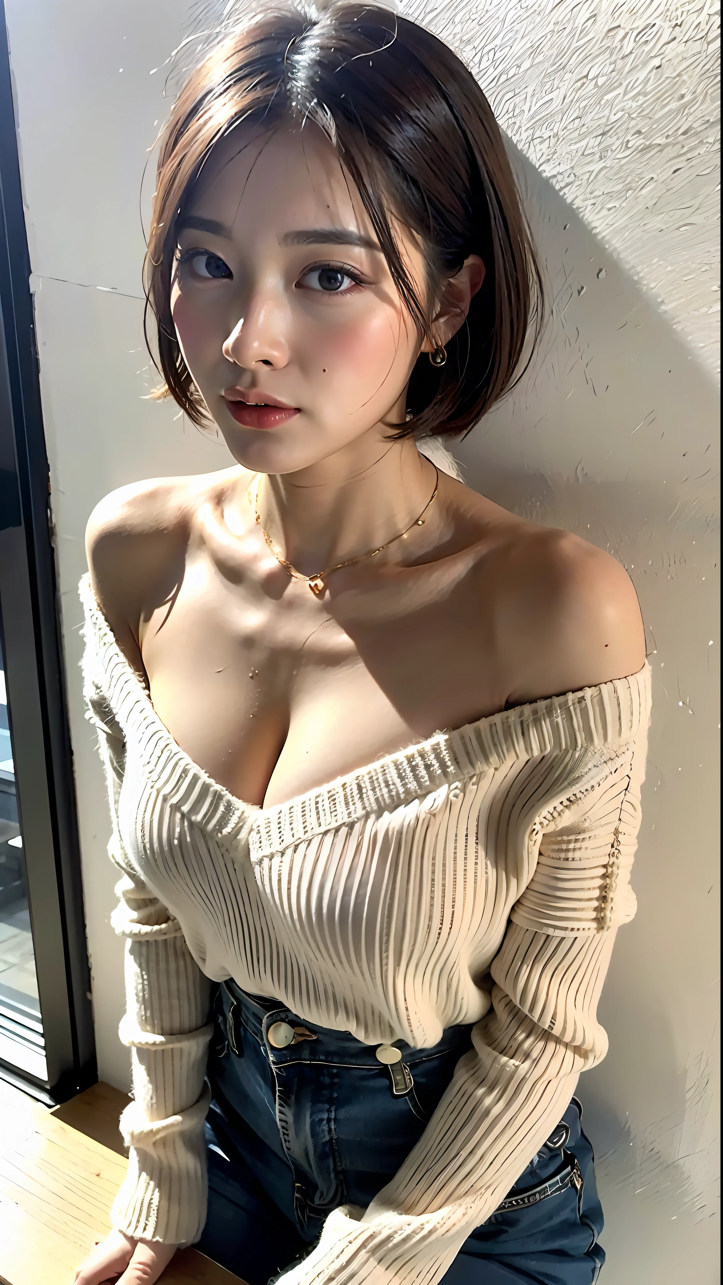 (best qualtiy,8K,32K,tmasterpiece,hyper HD:1.2),Beautiful Japanese woman in the photo,big cleavage breasts,Very short Bob hair,full bodyesbian,simple backgound,from the above,looking at viewert,Raised sexy,One-shoulder sweater,