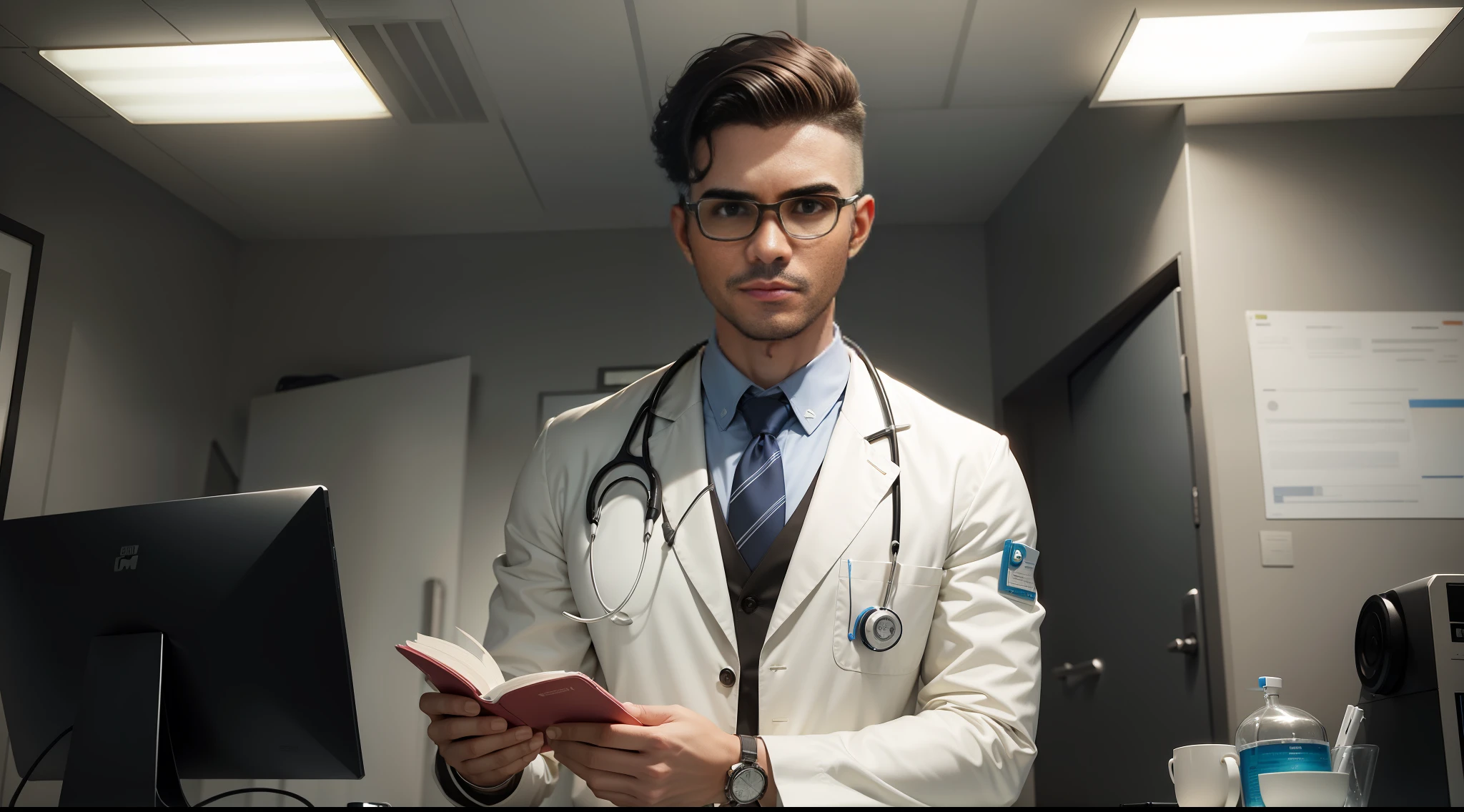 "ultra-detalhado, melhor qualidade, illustration: 26-year-old medical man, Masterpiece haircut style from a kind and knowledgeable doctor, in a sterile and well-lit environment, with glasses and stethoscope, surrounded by various medical equipment, incluindo seringas e ferramentas de exame, Representing a sense of comfort, Security man, e expertise