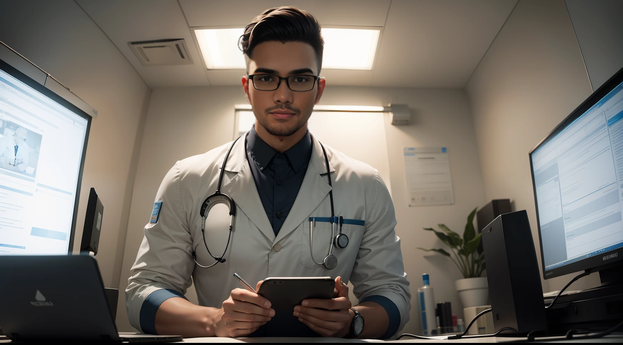 "ultra-detalhado, melhor qualidade, illustration: 26-year-old medical man, Masterpiece haircut style from a kind and knowledgeable doctor, in a sterile and well-lit environment, with glasses and stethoscope, surrounded by various medical equipment, incluindo seringas e ferramentas de exame, Representing a sense of comfort, Security man, e expertise