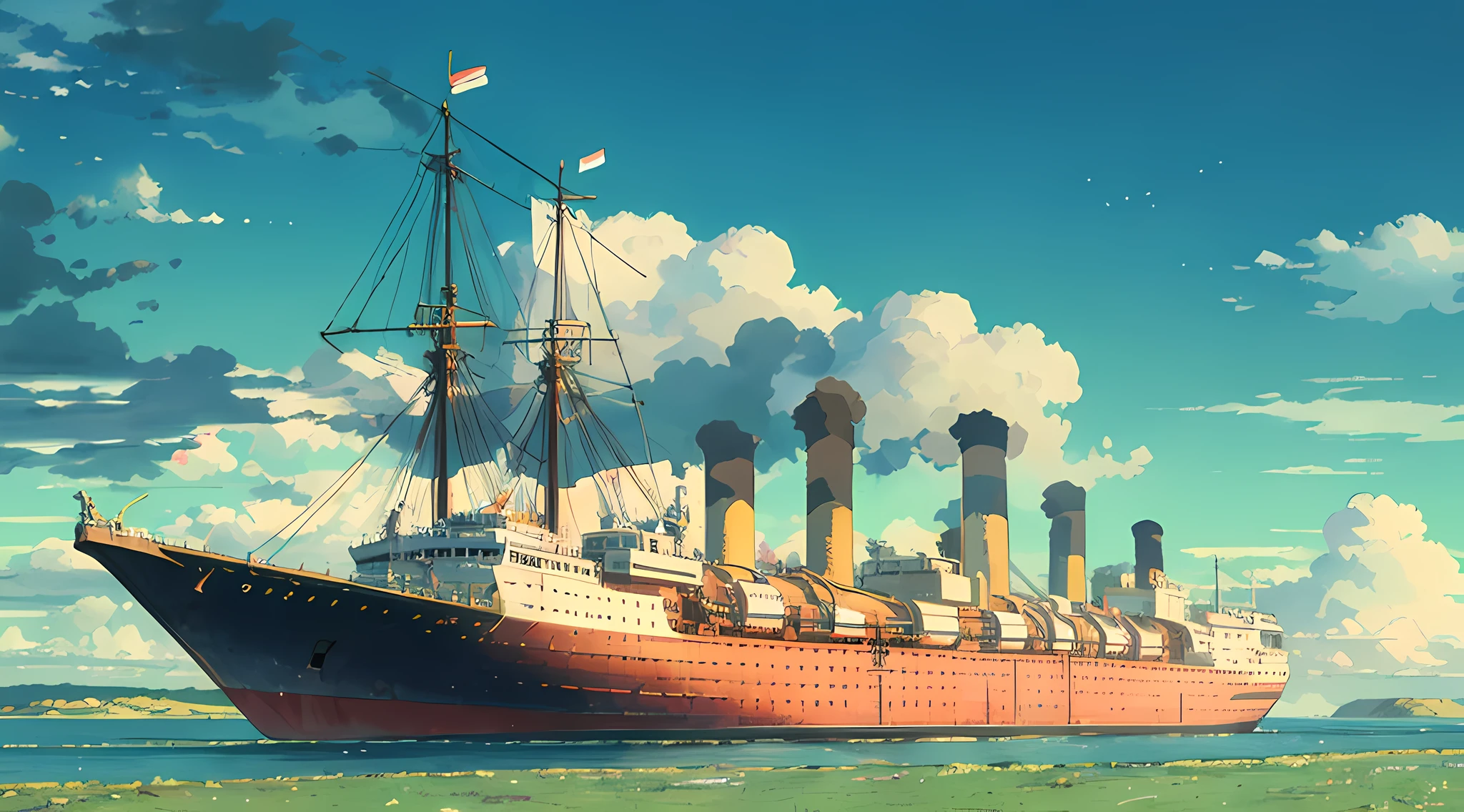 A modern steamship is docked in the nearby harbor, with wide grasslands, vast skies, beautiful skylines, dramatic graphics, moving visuals, high hanging North Star, colorful natural light.