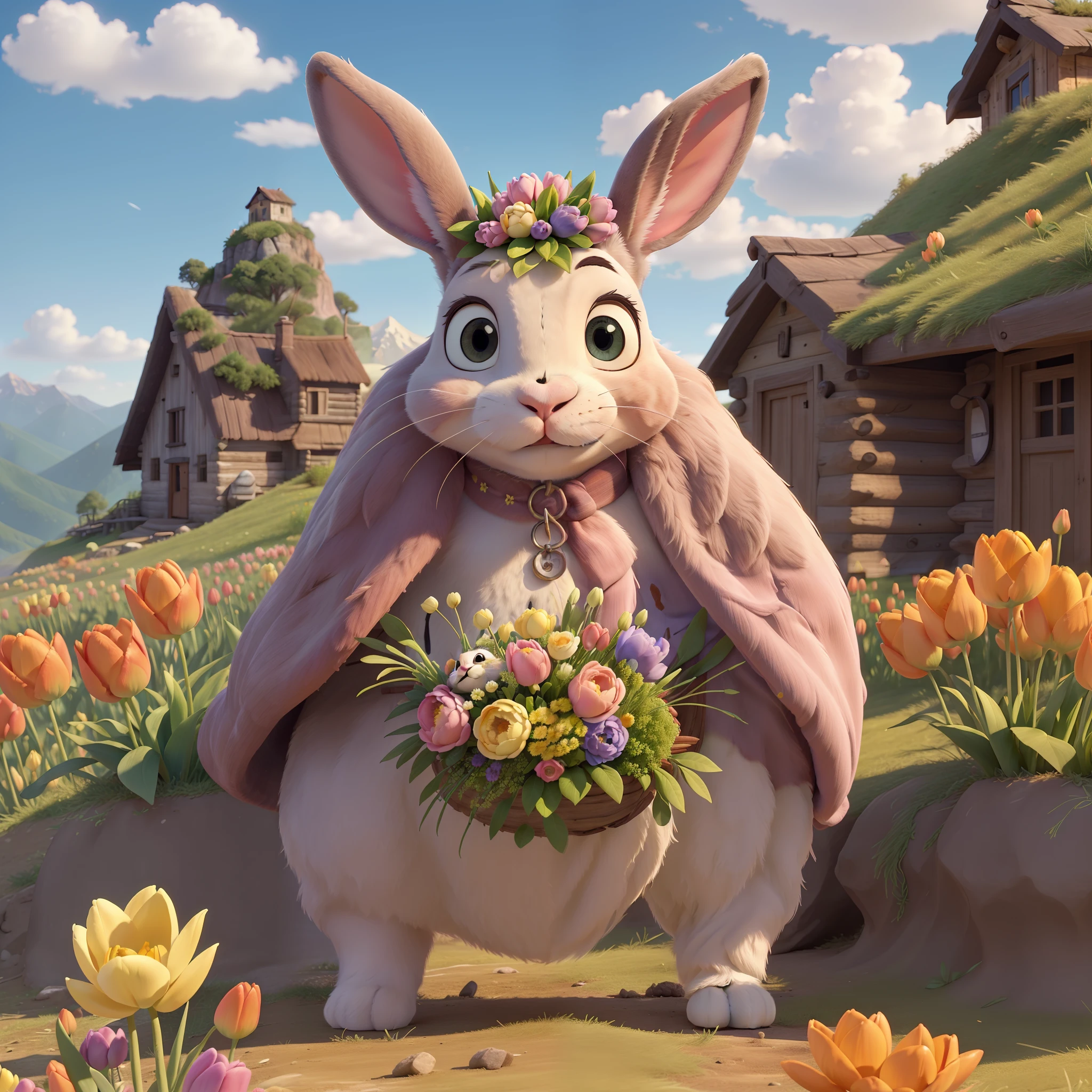 (Cute rabbit:1.2), One horse、ssmile, personification, rendered:(charicature:1.3,Production Movie, the pose:(Lively:1.2, amusing), modeled:(ultra-quality:1.2,8K,Orthographic view), tulips、blue-sky, for the background(Mountain huts and steppes:1.1),{Complex and ultra-detailed, Giuseppe Arcimboldo}