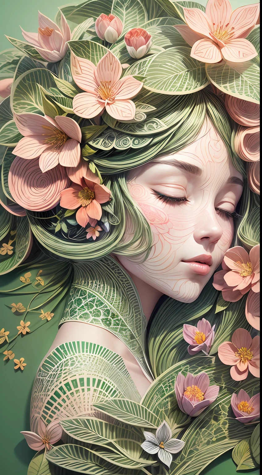 (illustration:1.3),paper art, zentangle,3D rendering,green background, Spring,(Beauty side face,close eyes:1.3),(peach blossoms:1.2), Colorful, Best quality, Detailed details, Masterpiece, offcial art, Cinematic lighting effects, 4K,