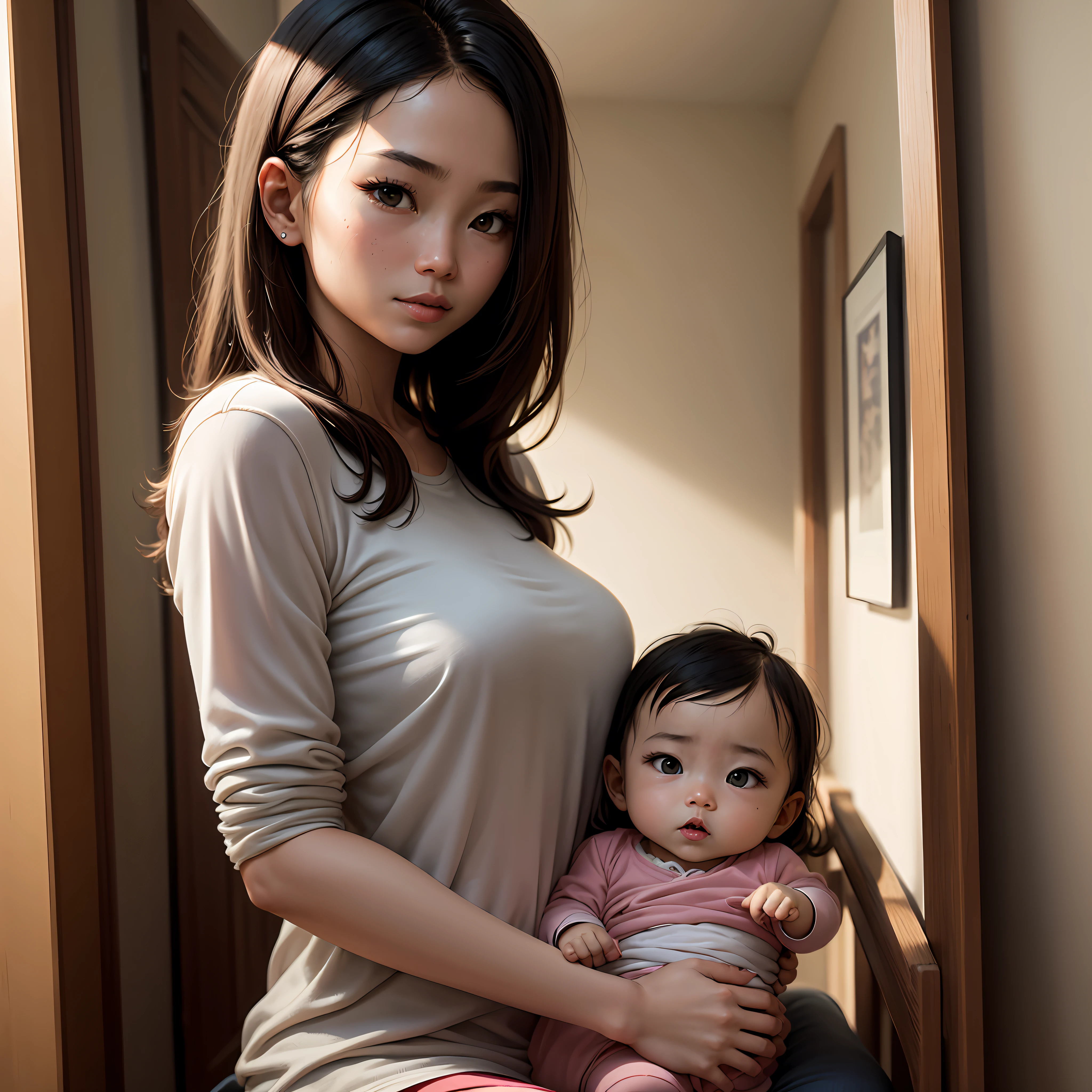 Uma mulher de frente , with a baby in the arm, Asian trait, pallor, do cabelo preto, com Roupa realista, luz natural e cabelo Muito realista, in a baby's room --auto