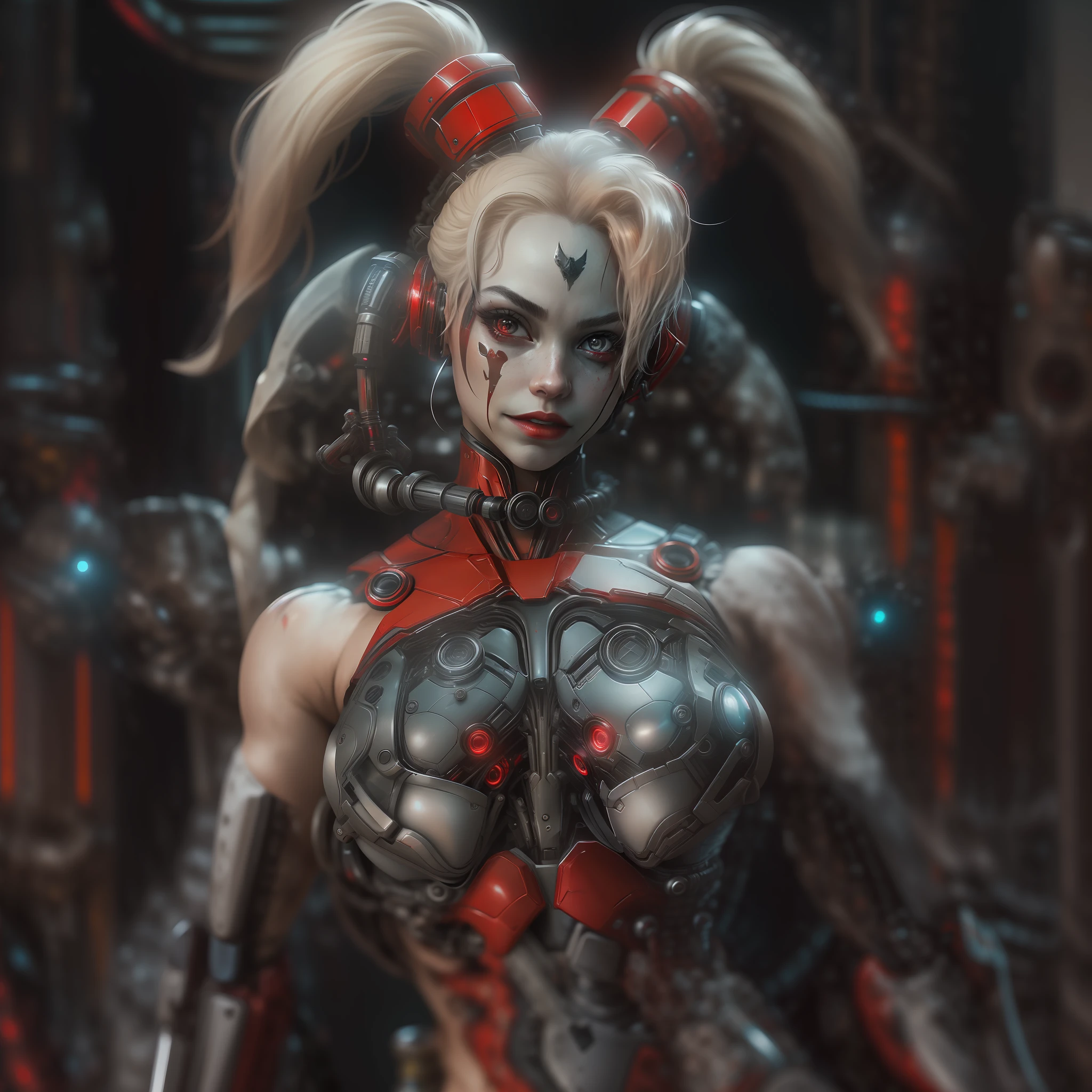 photo of Harley Quinn (sexy) from Marvel, Red and Black biomechanical, complex robot, full growth, hyperrealistic, insane small details, extremely clear lines, cyberpunk aesthetic, masterpiece featured on Zbrush Central