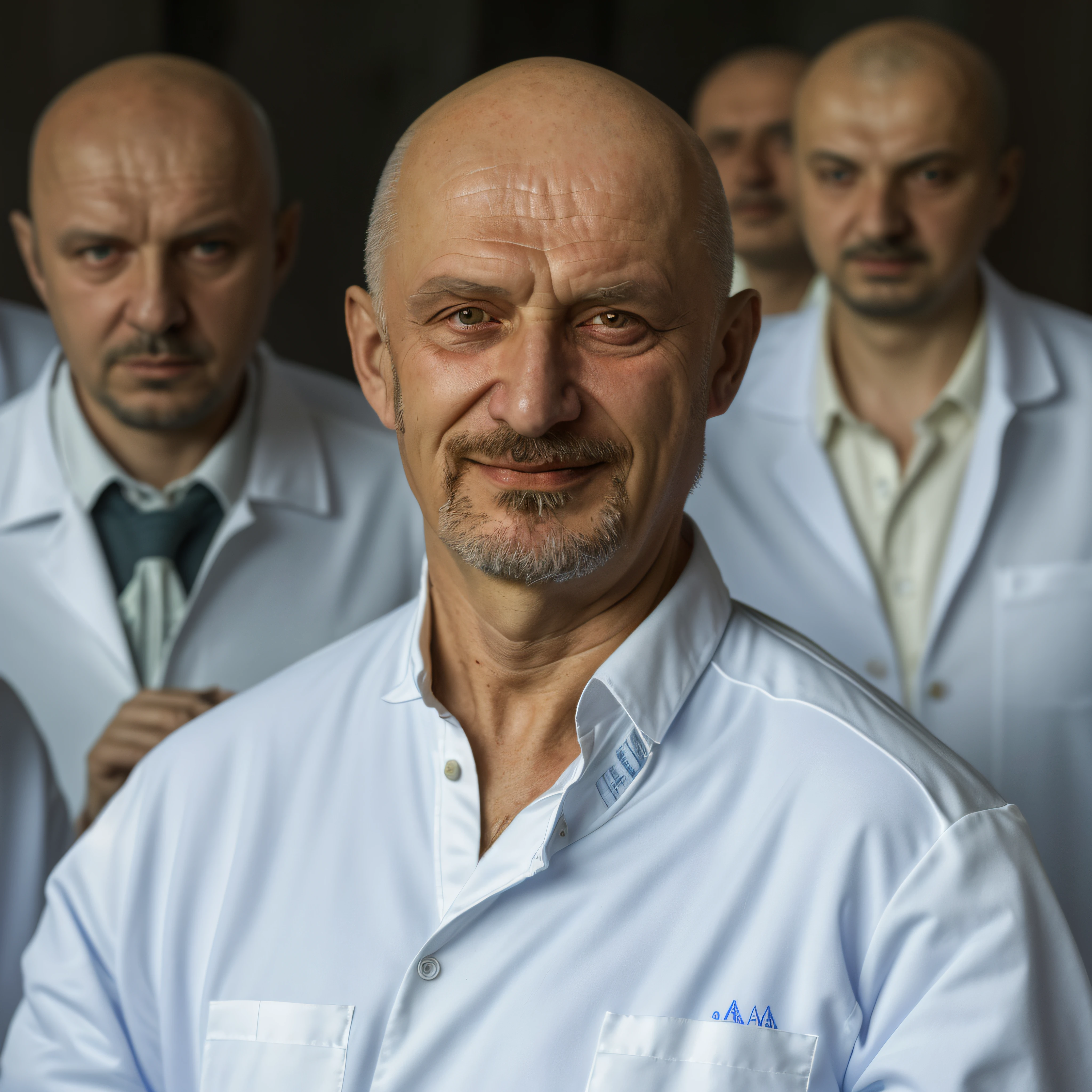 homem branco, um pouco mais velho, 50 anos de idade, with a bald head and goatee wearing a white lab coat over a blue shirt, edin durmisevic, Bogdan Rezunenko, Ivan Laliashvili, Tomasz Strzalkowski, Vitaly Bulgarov, Andrey Surnov, Pavel Shvedov, zdzislaw beksinksi, Andrei Tarkovsky, Andrei Riabovitchevy
