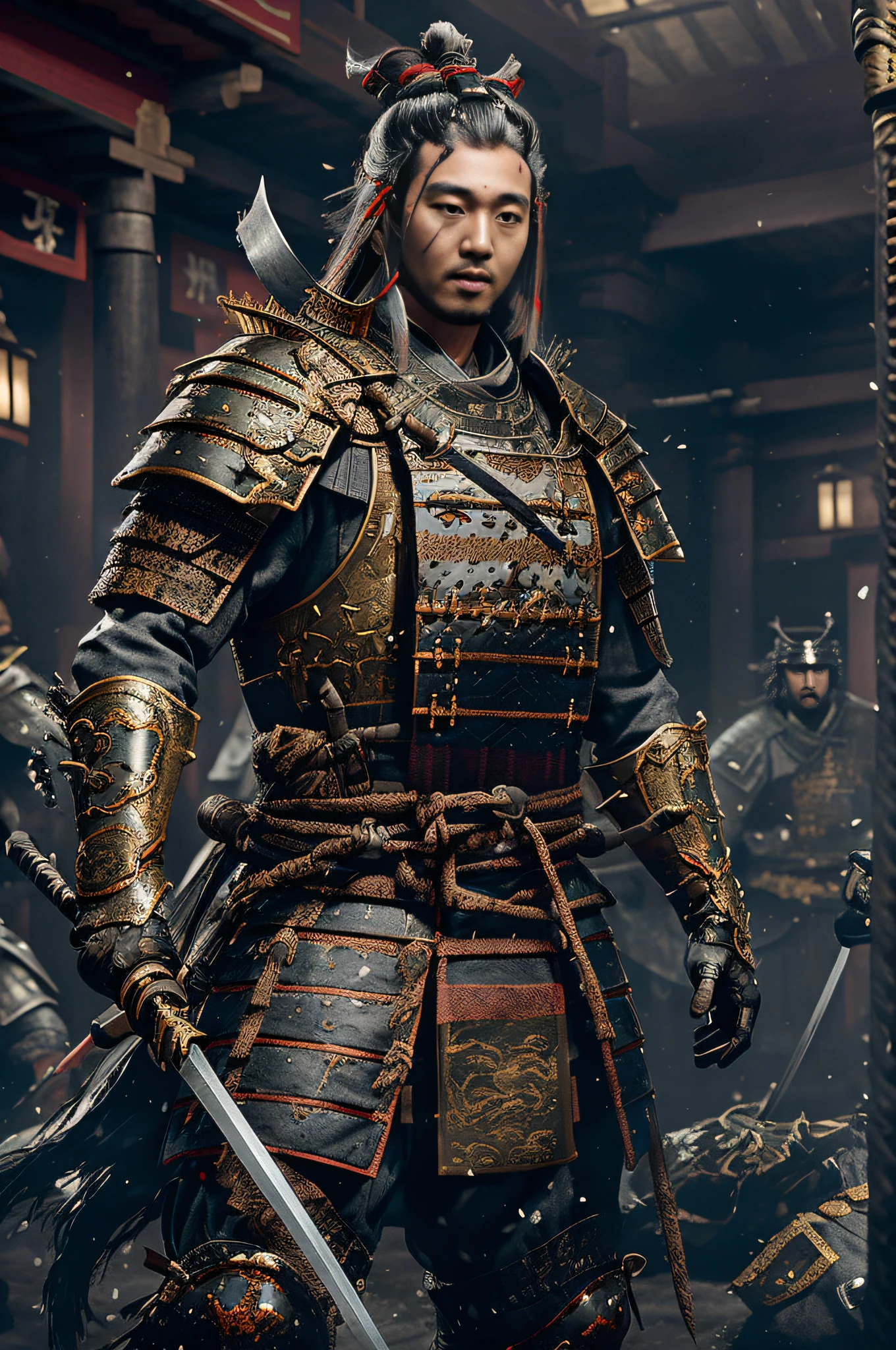 There was a man in armor standing in the room with a sword, samurai warrior, woman samurai, Samurai clothes, inspired by Kanō Hōgai, as samurai, dressed in samurai armour, ultra detailed game art, Samurai armor, Intricate armor details, Samurai, clothed in old samurai uniform, author：Tan Yang Kano, ghost of tsushima