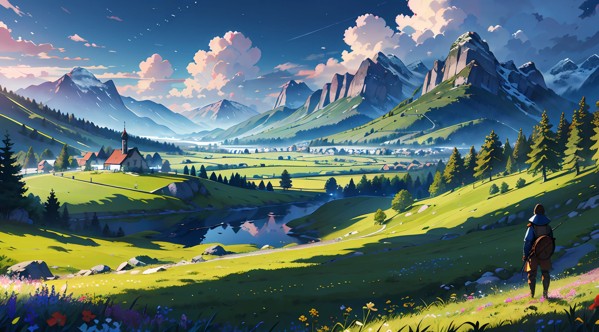 Ultra-detailed illustration of a medieval soldier in a field of flowers, beautiful landscape, extremely detailed, mountains in the distance, a small village in the far distance, pine trees, ruins in the distance