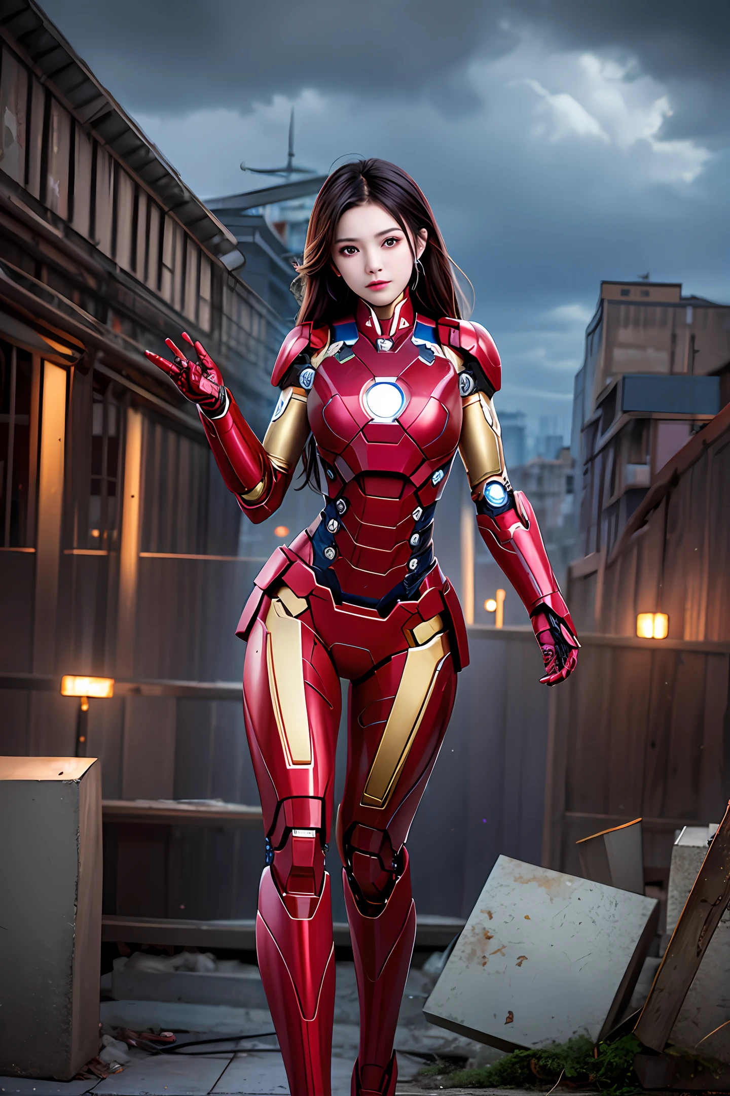 8k，realisticlying，Glamorous，The is very detailed，A 20-year-old girl，Feet with Di Li Gerba，A sexy and charming woman is inspired by Iron Man，Wearing a shiny Iron Man mech。She dresses to show sexiness and confidence，It perfectly interprets the power and charm of Iron Man。Abandoned warehouse as background，It creates a unique atmosphere，Highlight her bravery and perseverance。The cloudy sky adds a touch of tension and mystery to the entire scene。This one is high definition、High-quality images will give you a stunning visual experience，Detailed abandoned warehouses and shiny mechs will keep your eyes peeled。OC rendering，dramatic lights，Award-winning quality