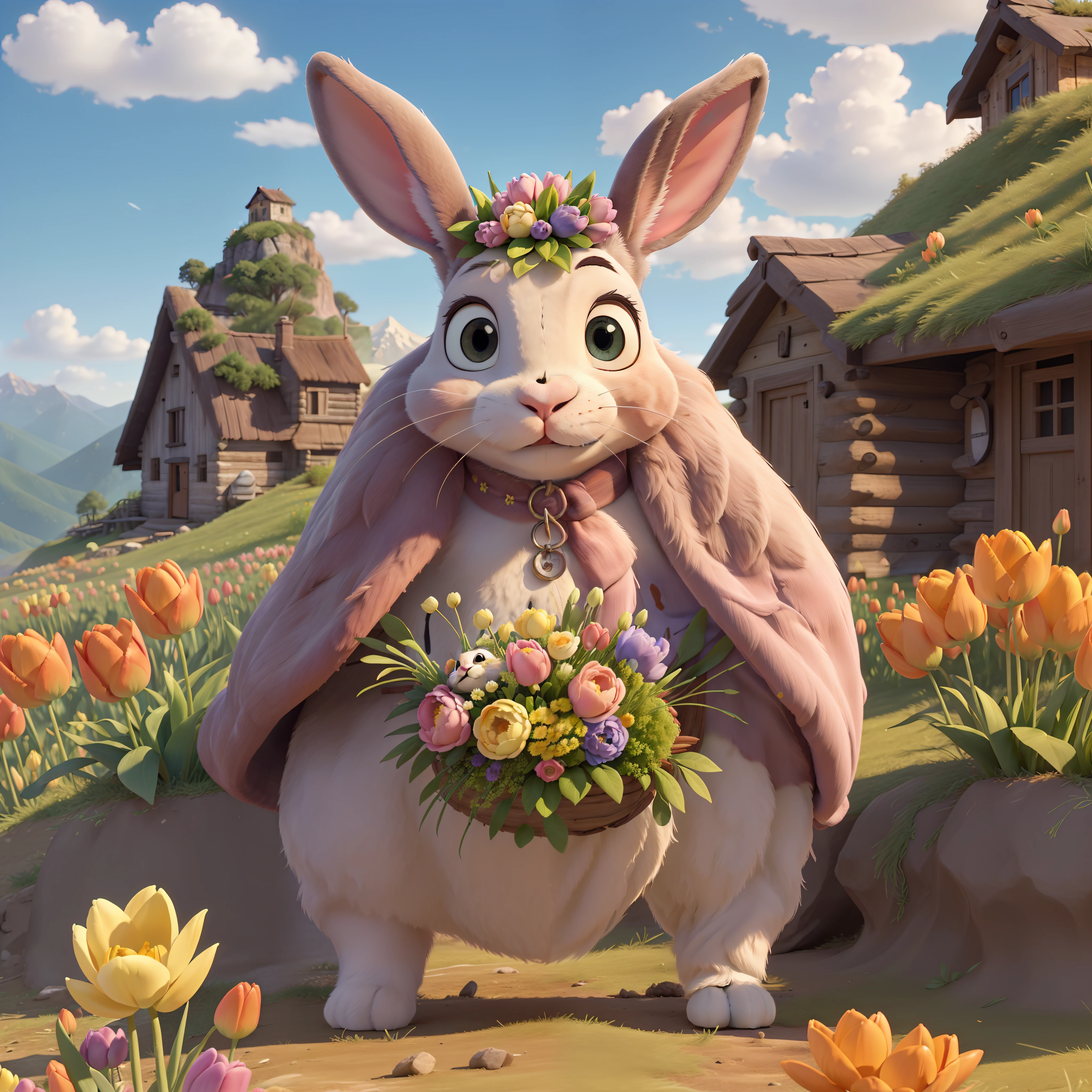 (Cute rabbit:1.2), One horse、ssmile, personification, rendered:(charicature:1.3,Production Movie, the pose:(Lively:1.2, amusing), modeled:(ultra-quality:1.2,8K,Orthographic view), tulips、blue-sky, for the background(Mountain huts and steppes:1.1),{Complex and ultra-detailed, Giuseppe Arcimboldo}