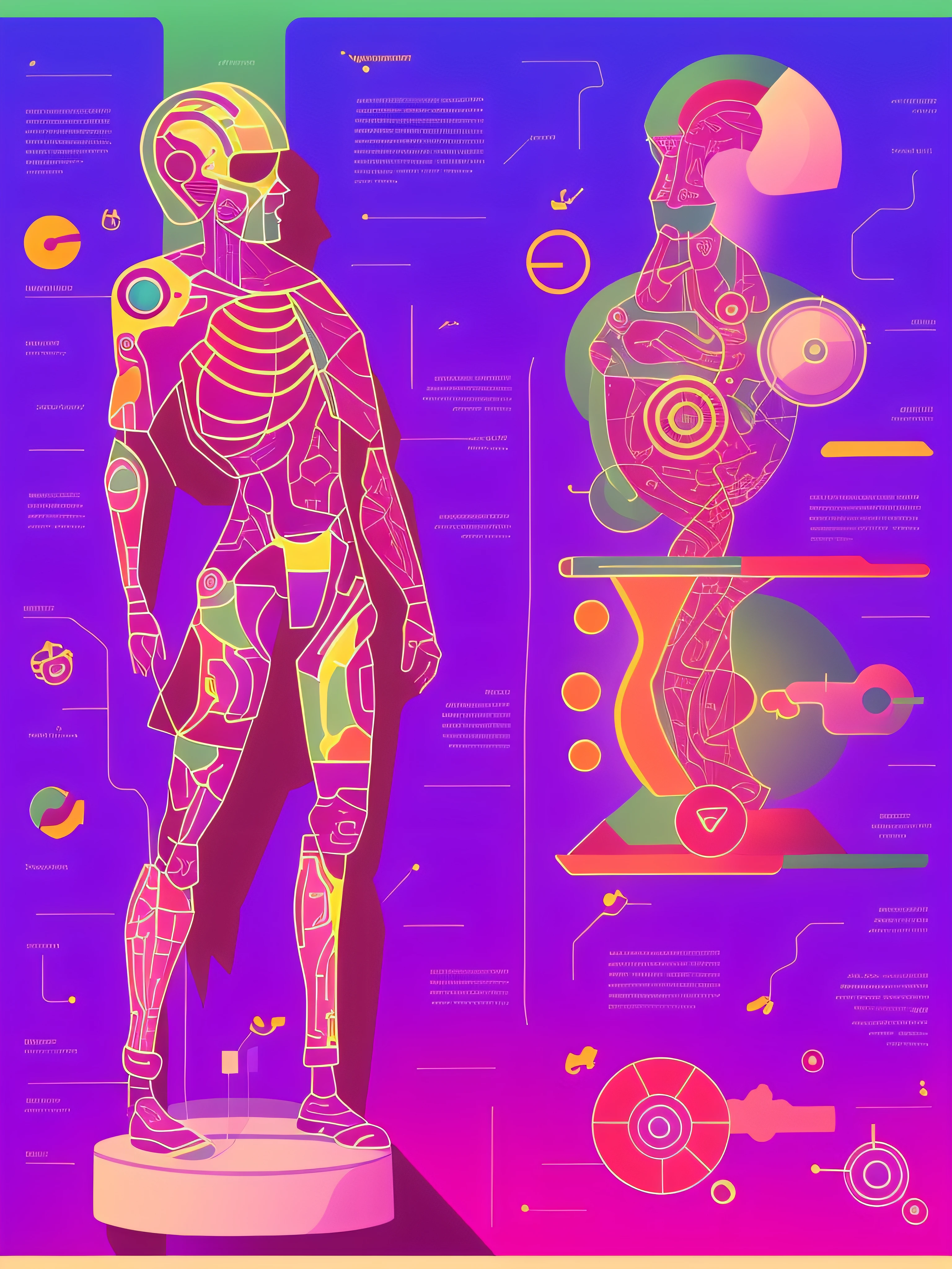 bright and colorful infographic of gorgeous android anatomy, vector, concept art