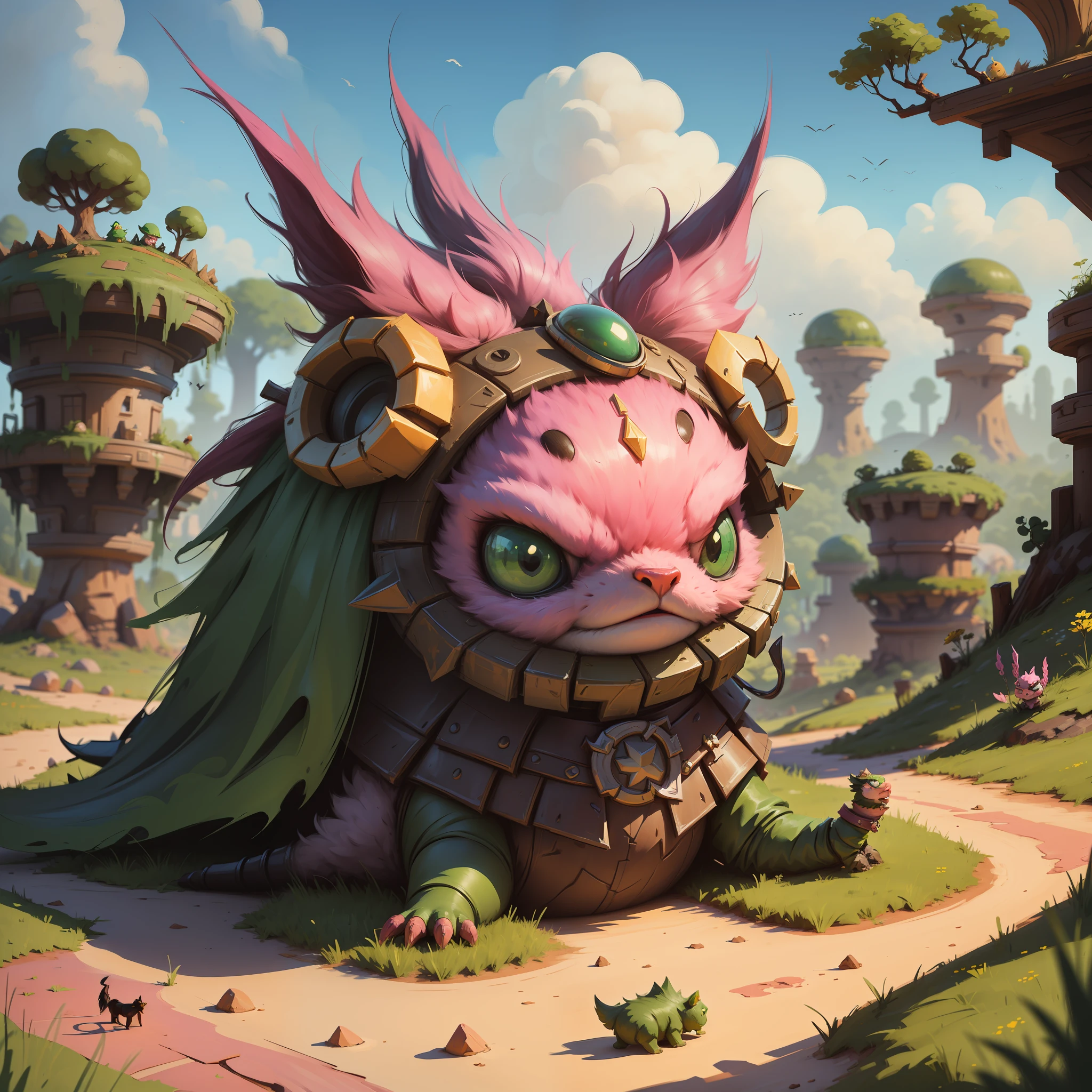 best qualtiy，tmasterpiece，Need，（（Sealed wasteland punk creatures）），guarding，supporting，Hearthstone painting style，Funny expressions，Complex structures，Pink and green color scheme，Non-human（Soil attribute 1.2），Flattening（1.4），Textured，Dark simple background --auto --s2
