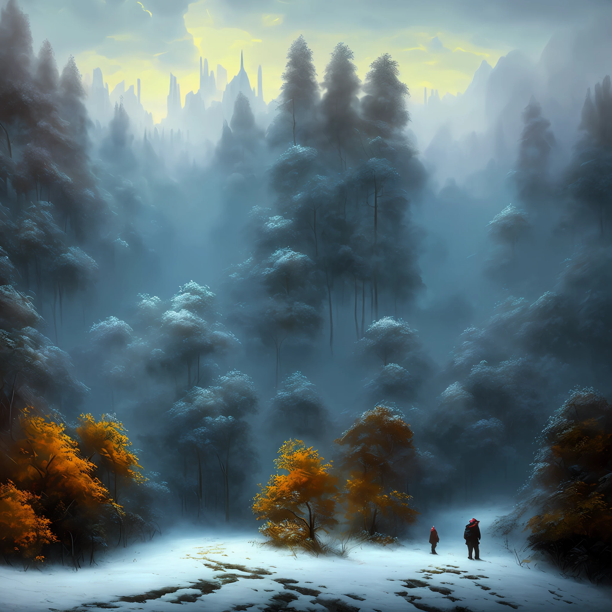 (obra-prima), Gelo, neve, (decrepit scenery), perigo, aurora, (arte de [Bastien Lecouffe-Deharme|Caspar David Friedrich]:1.2), (Unrealistic engine rendering, Pintura fotorrealista, renderizado:1.2), (misterioso)