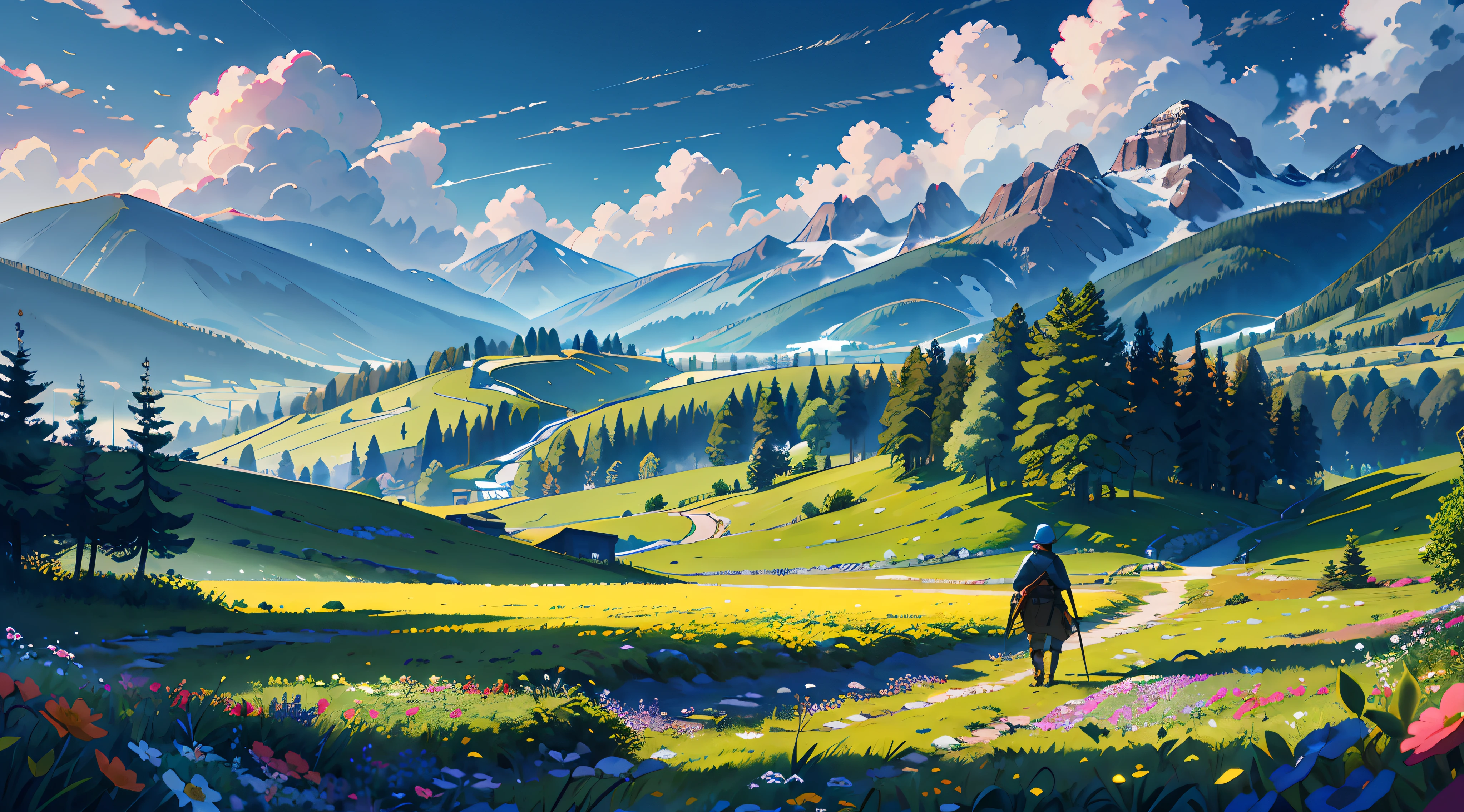 Ultra-detailed illustration of a medieval soldier in a field of flowers, beautiful landscape, extremely detailed, mountains in the distance, a small village in the far distance, pine trees, ruins in the distance