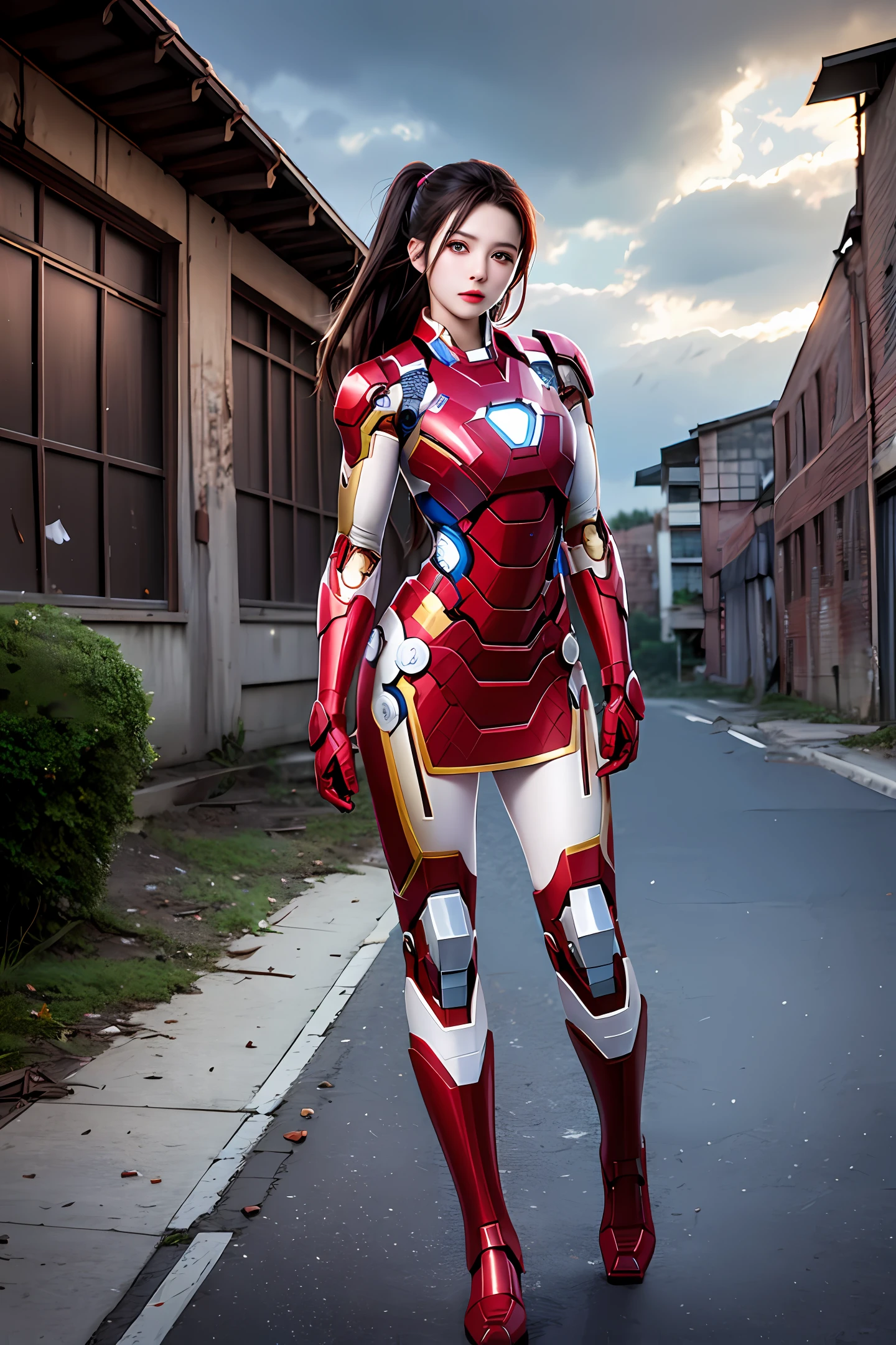 8k,realisticlying,Glamorous,The is very detailed,A 20-year-old girl,Has the face of Di Li Gerba,A sexy and charming woman is inspired by Iron Man,Wearing a shiny Iron Man mech。She dresses to show sexiness and confidence,It perfectly interprets the power and charm of Iron Man。Abandoned warehouse as background,It creates a unique atmosphere,Highlight her bravery and perseverance。The cloudy sky adds a touch of tension and mystery to the entire scene。This one is high definition、High-quality images will give you a stunning visual experience,Detailed abandoned warehouses and shiny mechs will keep your eyes peeled。OC rendering,dramatic lights,Award-winning quality