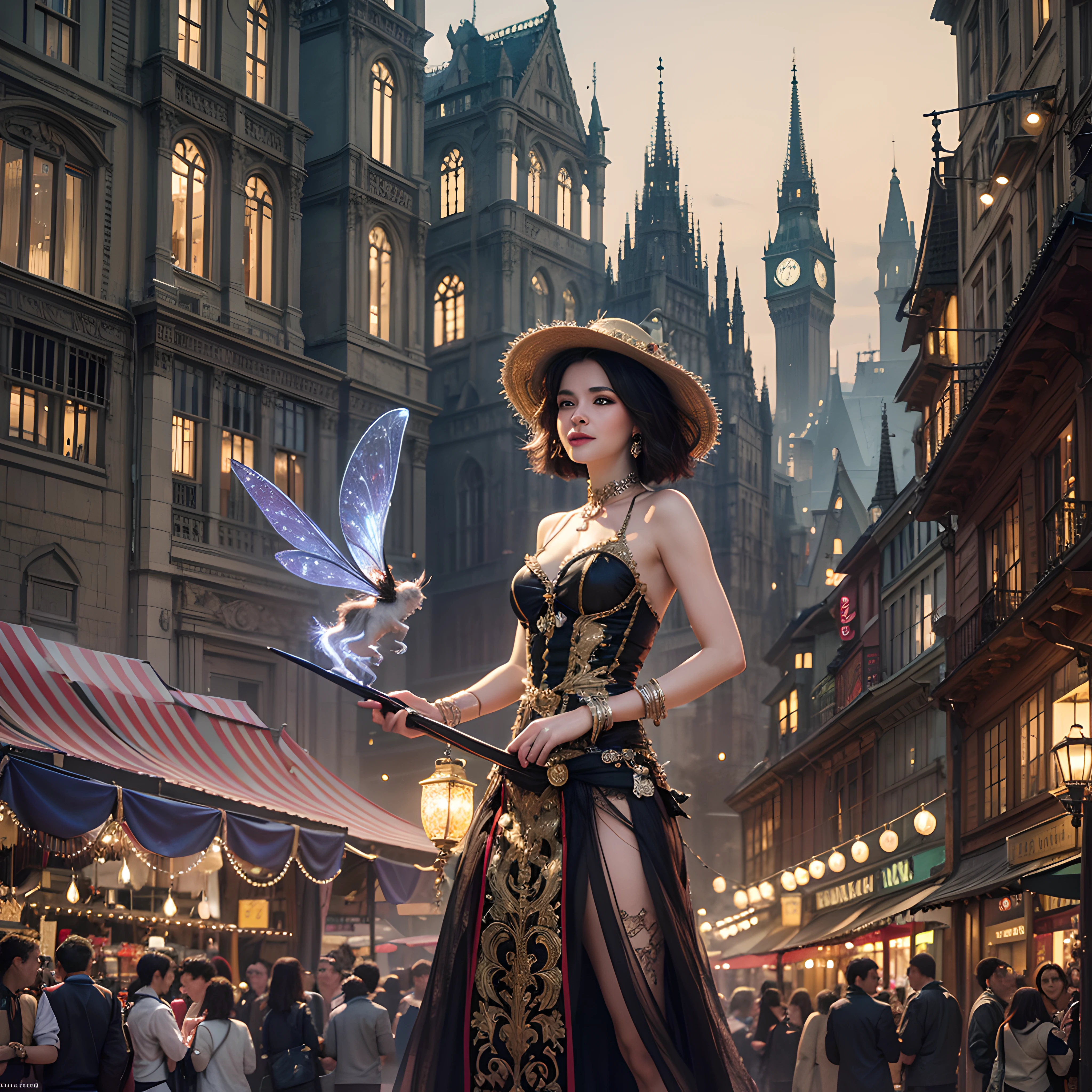 an enchanting street fair held in a fantasy realm. Elaborate stalls adorned with fairy lights and enchantments line the cobbled streets. Mythical creatures mingle with humans, creating an atmosphere of wonder and joy. In the center, a mesmerizing fire-dancer captivates the audience with their skill.
Enchanting, Fantasy, Whimsical, Mythical Creatures, Fairy Lights, Joyful, Magical, Charming, Captivating, Imaginative, Festive.
Art by Arthur Rackham, Fantasy Street Fairs, Magical Realism.
Digital Painting, Highly Detailed, Artstation Trending.