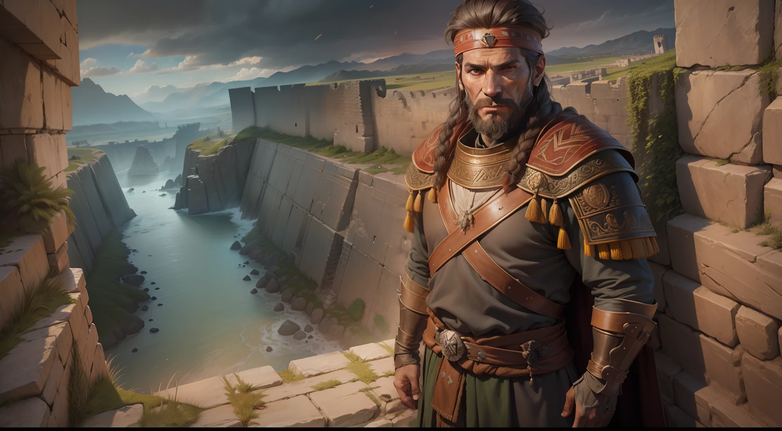 Top-down, retrato realista, luz natural suave, Canaanite sentinel staring from the battlements of the imposing walls of Jericho, expression of frozen dread on his face, olhos arregalados, 4K HDR.