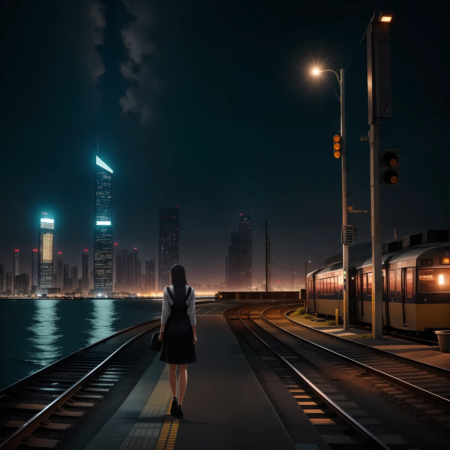More human-like TOKYOcty Will Pitch black summer night Wait for the train at the station Woman in a white dress Rear view Night view with skyscrapers starrysky By the sea sea breeze top-quality --auto