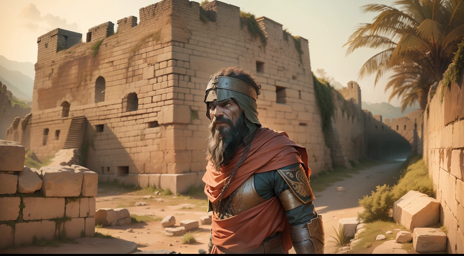 frontal view, portrait, natural light, canaanite sentinel behind the battlements of the walls of Jericho, expression of dread, fear, 4k HDR