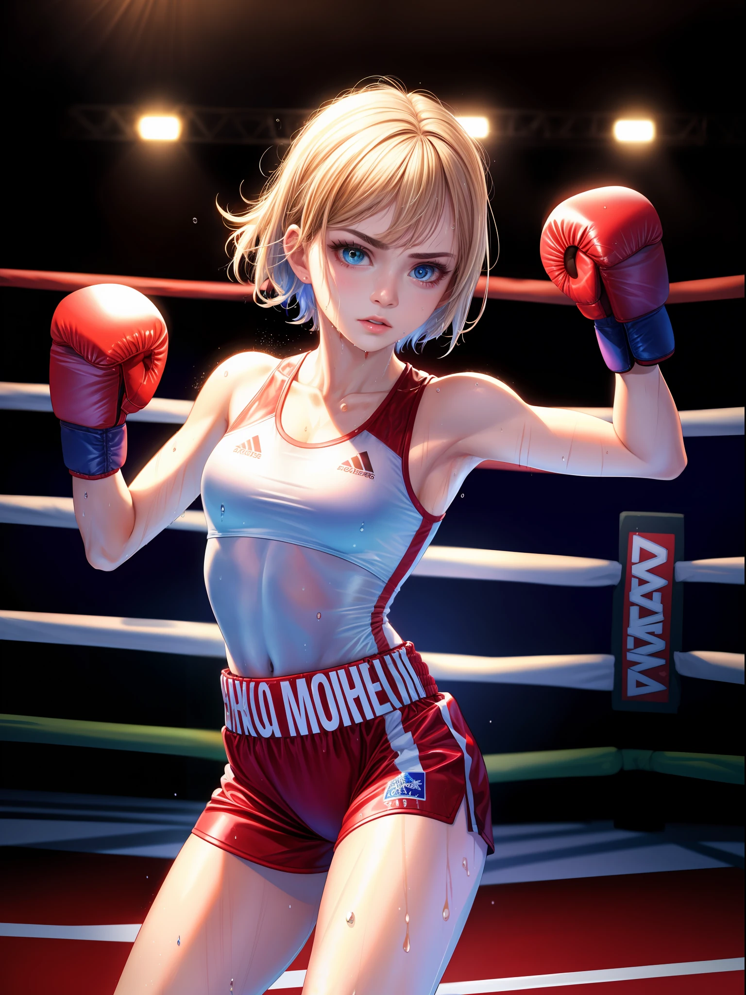 ,((masterpiece)),((high resolution)), dramatic lighting,  sharp focus,  16k uhd,
super realistic illustlation,1beautiful girl,boxing uniform,age girl,Symmetrical big eyes,small head,short hair,slim body,wet skins sweat,nice legs,in boxing venue,solo,fight pose