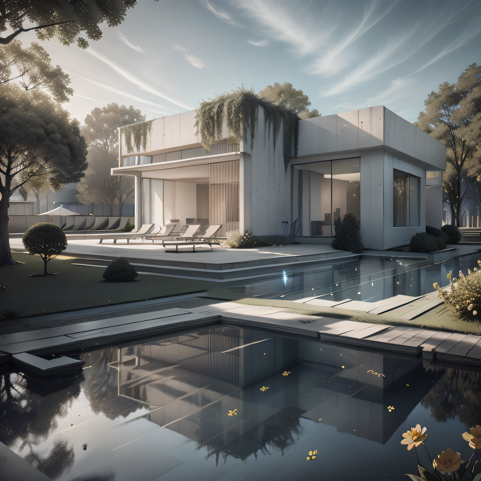 Organic modern architecture on a fairly large plot, from , there is a swimming pool in the middle of a large house of a flower, color of the house in chocolate brown and black beams, large modern residence, flat roofs and garden, render luxcore, render oktane, a photorealistic rendering, architectural rendering, mantra rendering, architectural rendering, realistic rendering, architectural visualization, wellness pool,  Architectural visualization, large green zones, with small zones of lavender flowers, green shrubs type lush green garden, as well as small water mirrors, swimming pool embedded in an area of sand, olive and pine trees around the house, paddle court next to the house