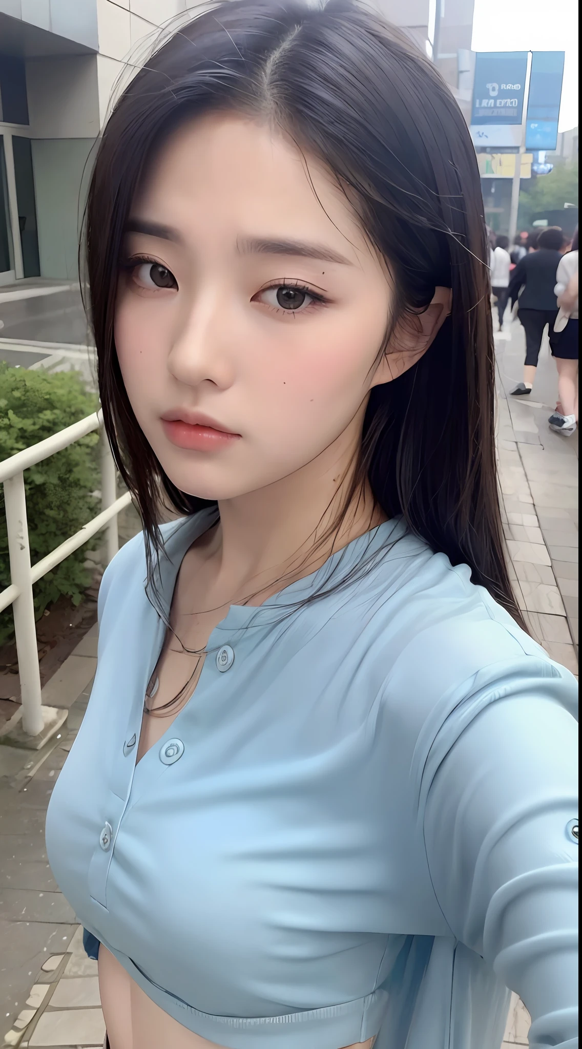 ((best qualtiy, 8K, tmasterpiece:1.3)), Sharp:1.2, perfect figure beautiful woman:1.4, Slim abs:1.2, ((Layered Hair Style:1.2)), (Long shirt with wet white buttons:1.1),(Sateen,the street:1.2),Get wet:1.5,Highly detailed facial and skin texture,A detailed eye,二重まぶた,Look sideways at the camera,Sad,