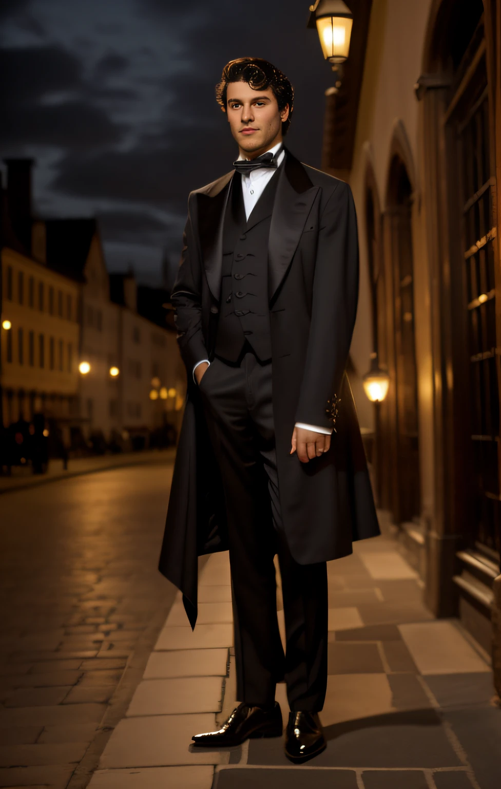 arafed man in a suit and tie standing on a sidewalk, casaco de smoking de cauda longa, aristocratic clothing, em aristocrata vitoriano, Retrato de um duque vitoriano, Retrato de um duque da era vitoriana, Roupas vitorianas, bonito e elegante, homem bonito, in a flowing white tailcoat, aristocratic appearance, um retrato do personagem, Estilo de Alexandre Chaudret