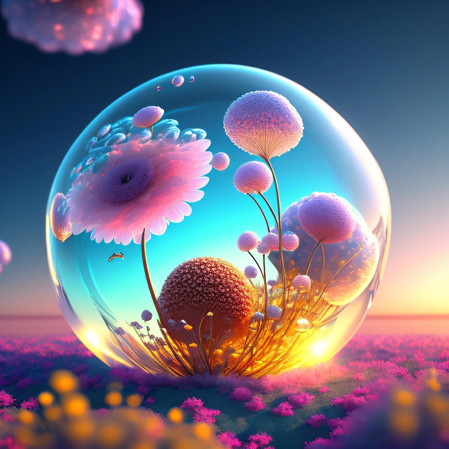 cute and adorable microscopic floral biomimesis inside a bubble, mandelbrot set, 3d render, fractals, vivid, fantasy, dream like, surrealism, intricate, insanely detailed, global illumination, hdr,8k --auto