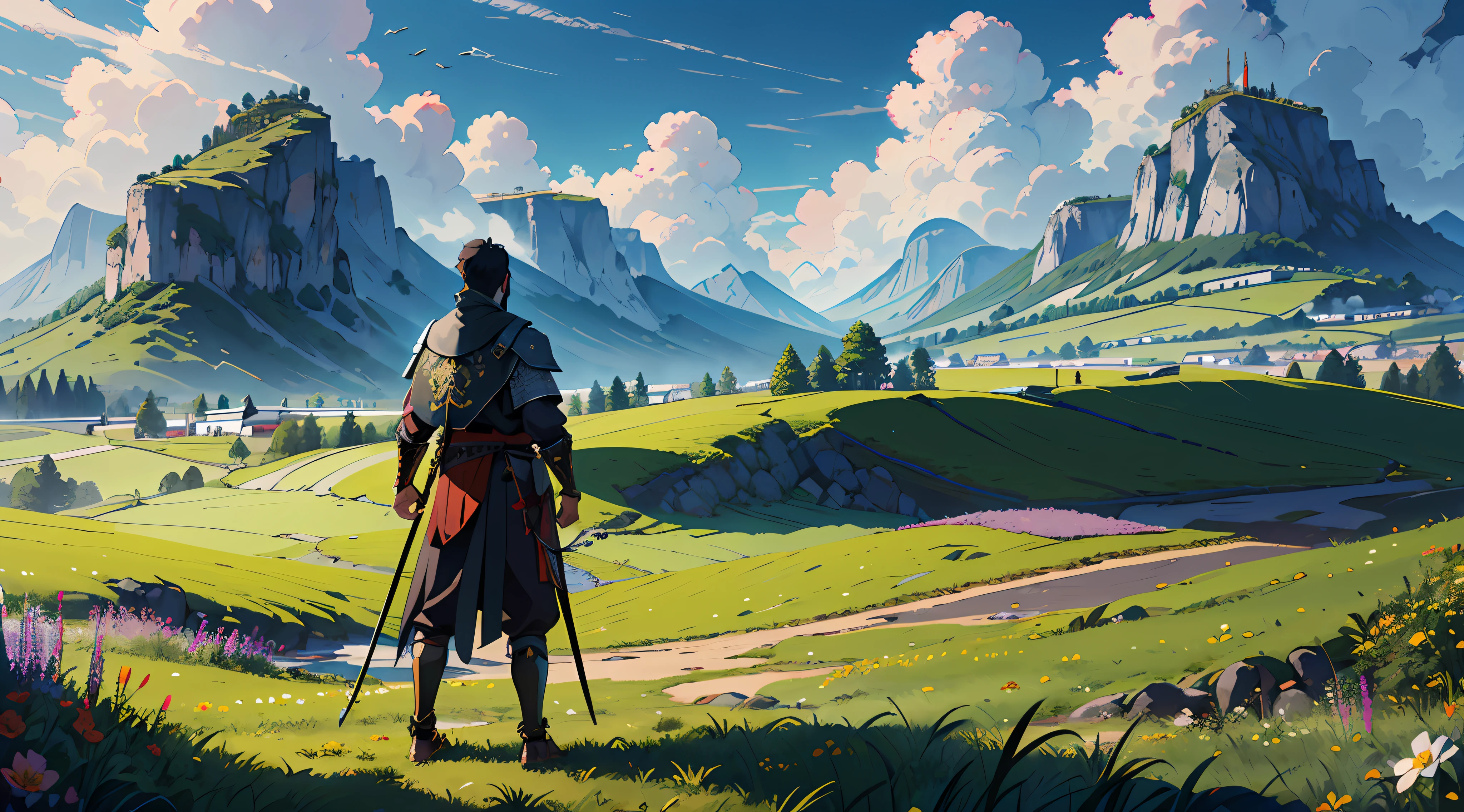 best image quality, work-piece, illustrator, (((solo))), high resolution, super detailed, ultra-detailed, a detailed illustration of a ruthless warrior, on a hill observing a medieval kingdom in the distance, wearing a sinister black armor, well warrior anatomy, detailed environment, various flowers, green fields (back view)