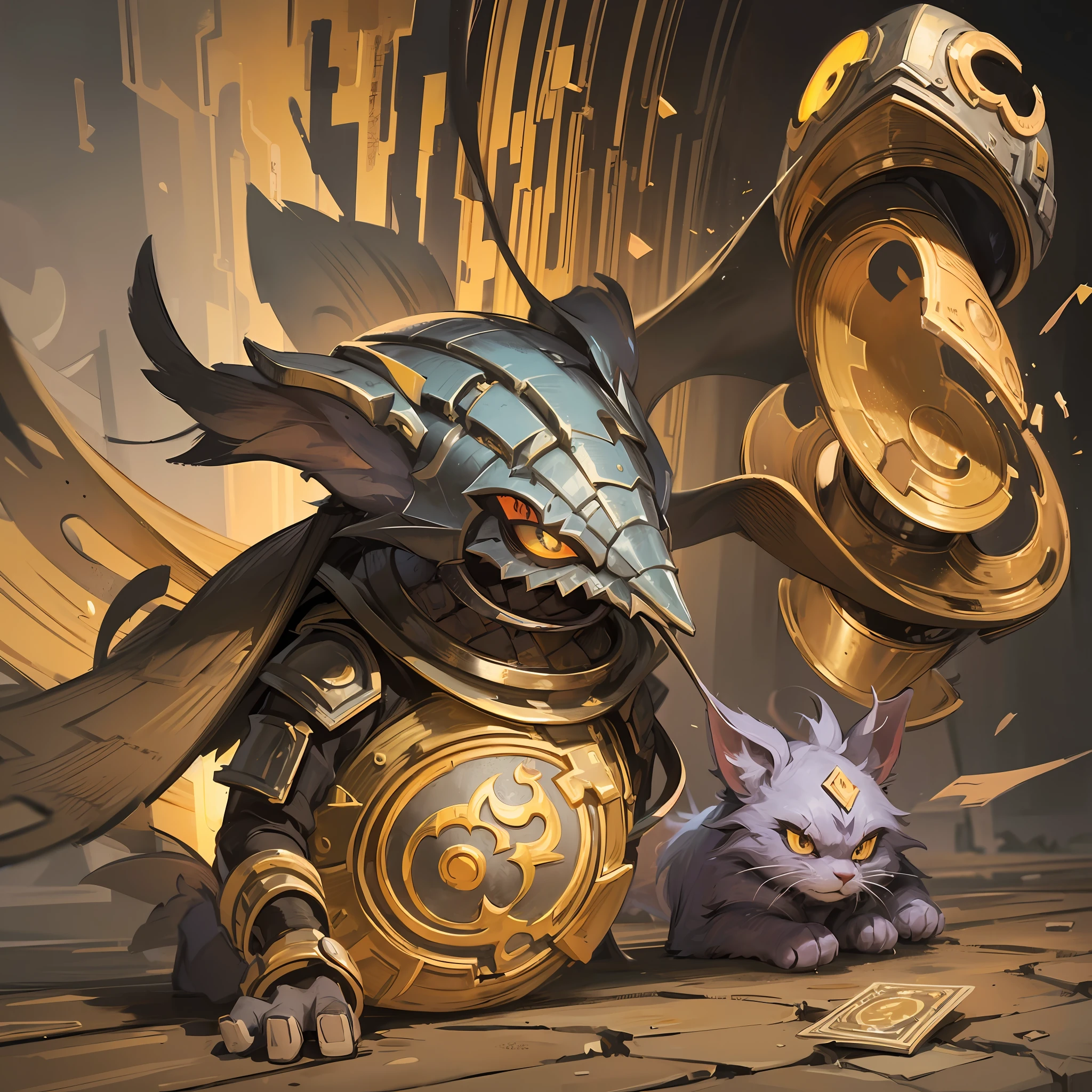 best qualtiy，tmasterpiece，Need，（（Sealed wasteland punk creatures）），guarding，supporting，Hearthstone painting style，Funny expressions，Complex structures，Yellow-purple color scheme，Non-human（Soil attribute 1.2），Flattening（1.4），Textured，Dark simple background --auto --s2