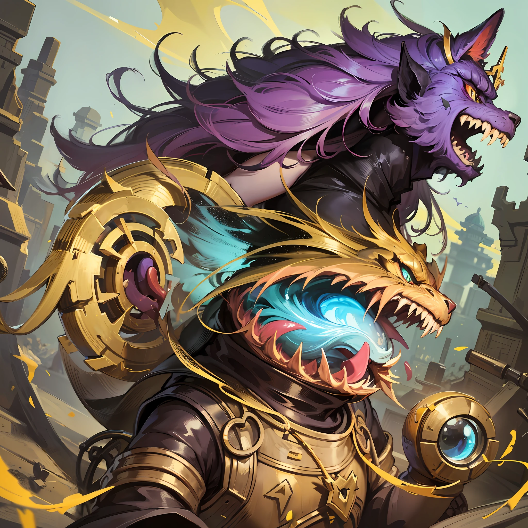 best qualtiy，tmasterpiece，Need，（（Sealed wasteland punk creatures）），guarding，supporting，Hearthstone painting style，Funny expressions，Complex structures，Yellow-purple color scheme，Non-human（Soil attribute 1.2），Flattening（1.4），Textured，Dark simple background --auto --s2