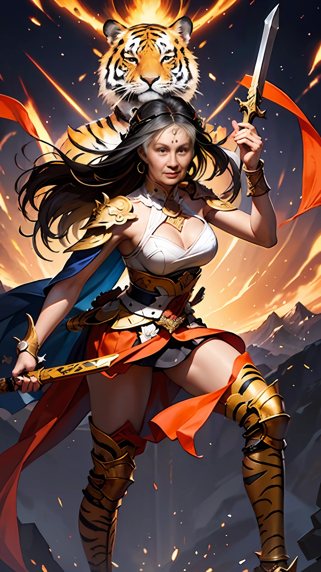 Warrior armor is designed like a tiger, naranja con rayas negras, mostrando fuerza pero soledad, La voluntad de levantarse sin miedo a las dificultades, Accompanied by weapons are spears and shields, 4k, HD utral, The pride of Asians, Vietnamita,