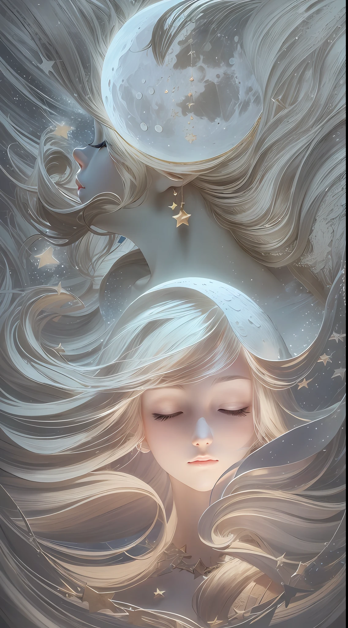 illustration: 1.3), paper art, 3D rendering of, , (Beautiful side face, closing her eyes: 1.3), (Masterpiece star: 1.2) (themoon: 1.2), , Best quality, Detailed details, Masterpiece, offcial art, movie light effect, 4K, Chiaroscuro , Flash