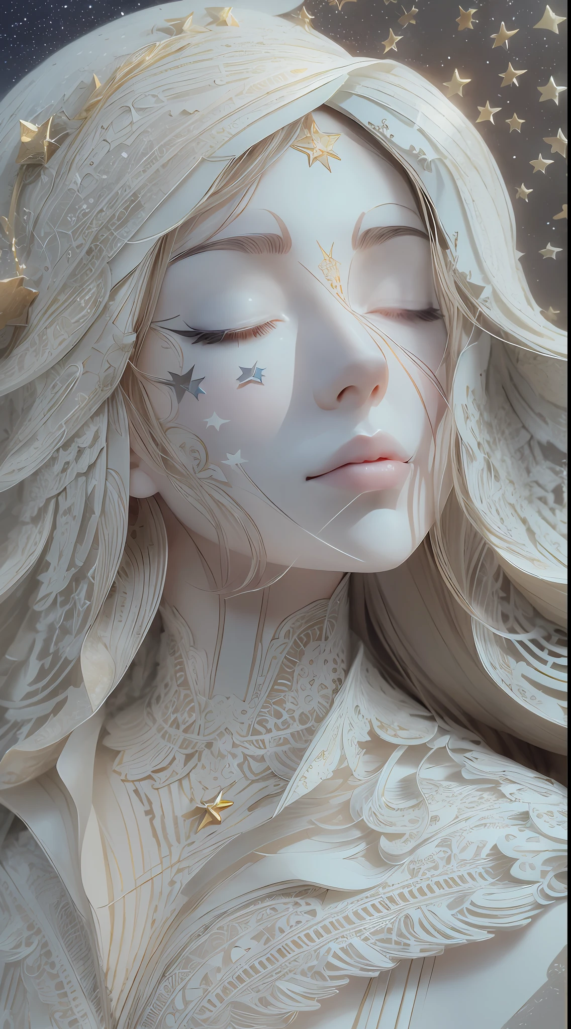 illustration: 1.3), paper art, 3D rendering of, , (Beautiful side face, closing her eyes: 1.3), (Masterpiece star: 1.2) (themoon: 1.2), , Best quality, Detailed details, Masterpiece, offcial art, movie light effect, 4K, Chiaroscuro , Flash