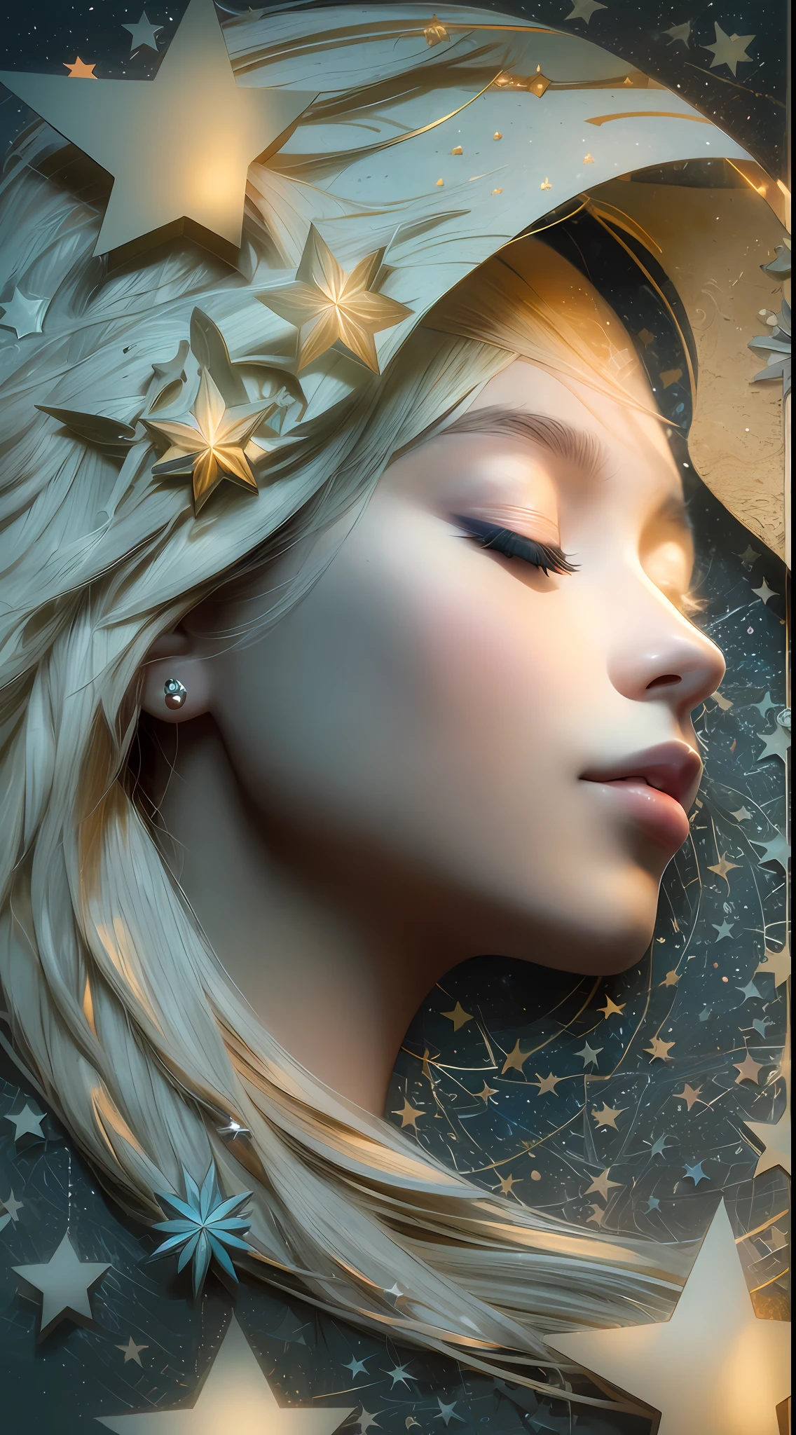 illustration: 1.3), paper art, 3D rendering of, , (Beautiful side face, closing her eyes: 1.3), (Masterpiece star: 1.2) (themoon: 1.2), , Best quality, Detailed details, Masterpiece, offcial art, movie light effect, 4K, Chiaroscuro , Flash