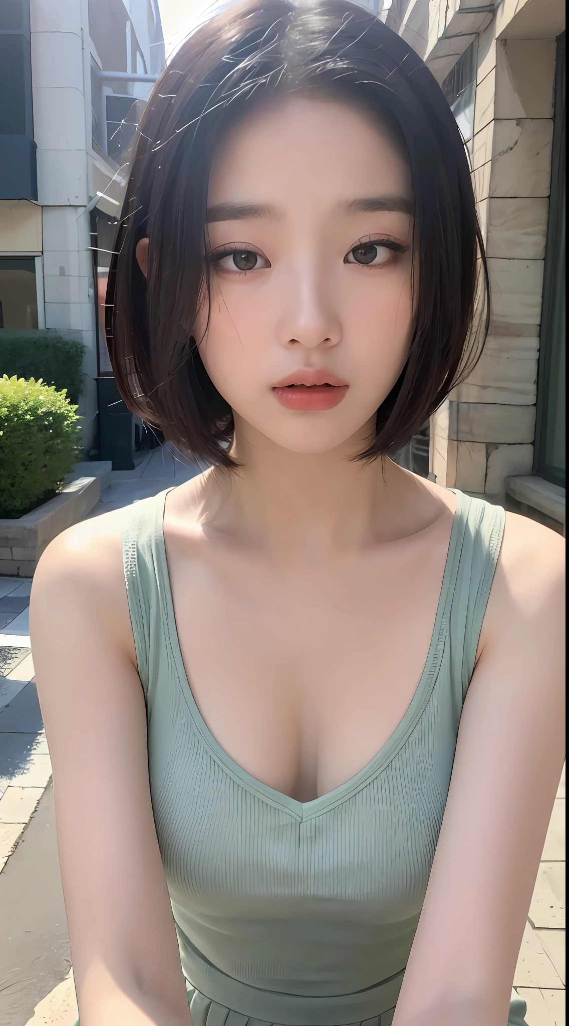 ((Best quality, 8k, Masterpiece :1.3)), Sharp focus :1.2, perfect figure beautiful woman:1.4, (Short hair in layers:1.2)), (Tank top shirt:1.1 ), (the street:1.2), Highly detailed facial and skin texture, A detailed eye, 二重まぶた