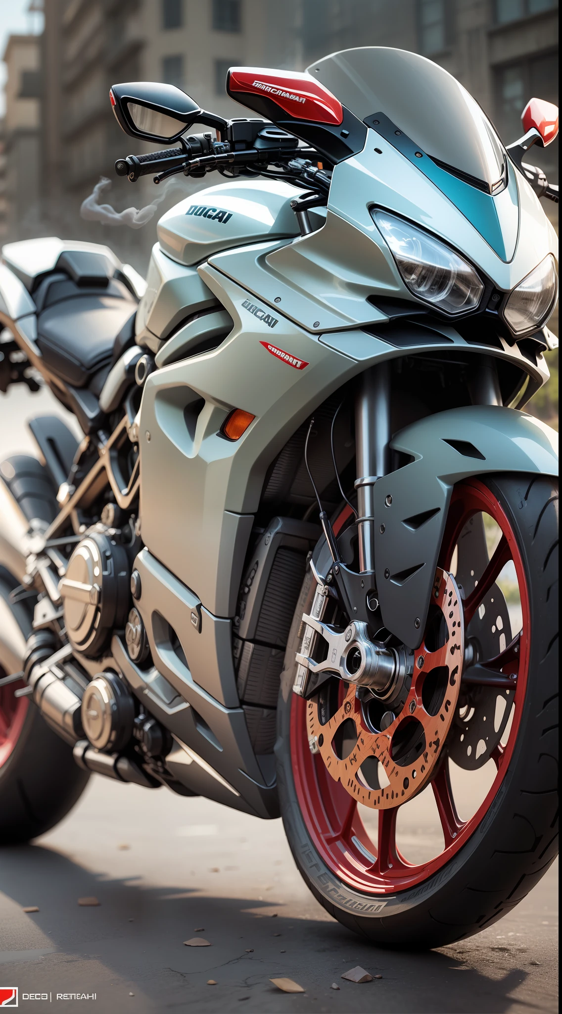 ducati with hyper realistic details on a dark background and smoke