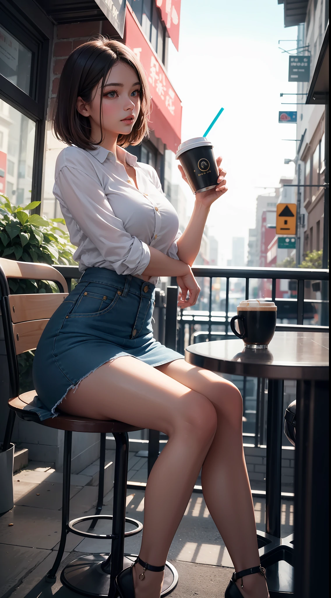 tmasterpiece,Best quality at best,highers,1girll,beauitful face,((best qualtiy)), ((tmasterpiece)), (A detailed:1.4),((full bodyesbian)),Enhanced dynamic perspective,(beautiful sexy girl,short detailed hair,Denim long skirt,Sitting in a street coffee shop,drinking a coffee),kawa,(Lunette de soleil),Come to me,Future sci-fi city street,Egg-shaped building,((Lateral face)),Street photography,Bright colors,nighttime scene,high qulity,super-fine,Detailed pubic hair,Accurate,Cinematic lighting,face_Focus,(Announcer),(NSFW)