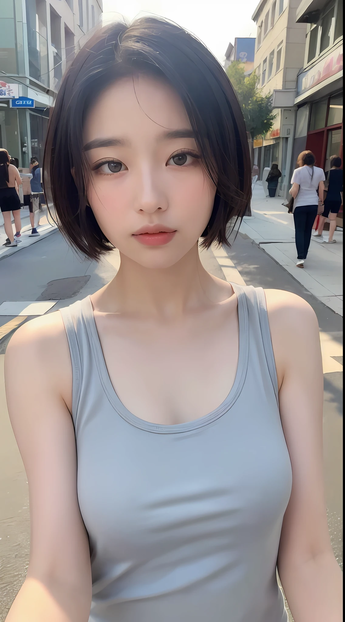 ((Best quality, 8k, Masterpiece :1.3)), Sharp focus :1.2, perfect figure beautiful woman:1.4, (Short hair in layers:1.2)), (Tank top shirt:1.1 ), (the street:1.2), Highly detailed facial and skin texture, A detailed eye, 二重まぶた