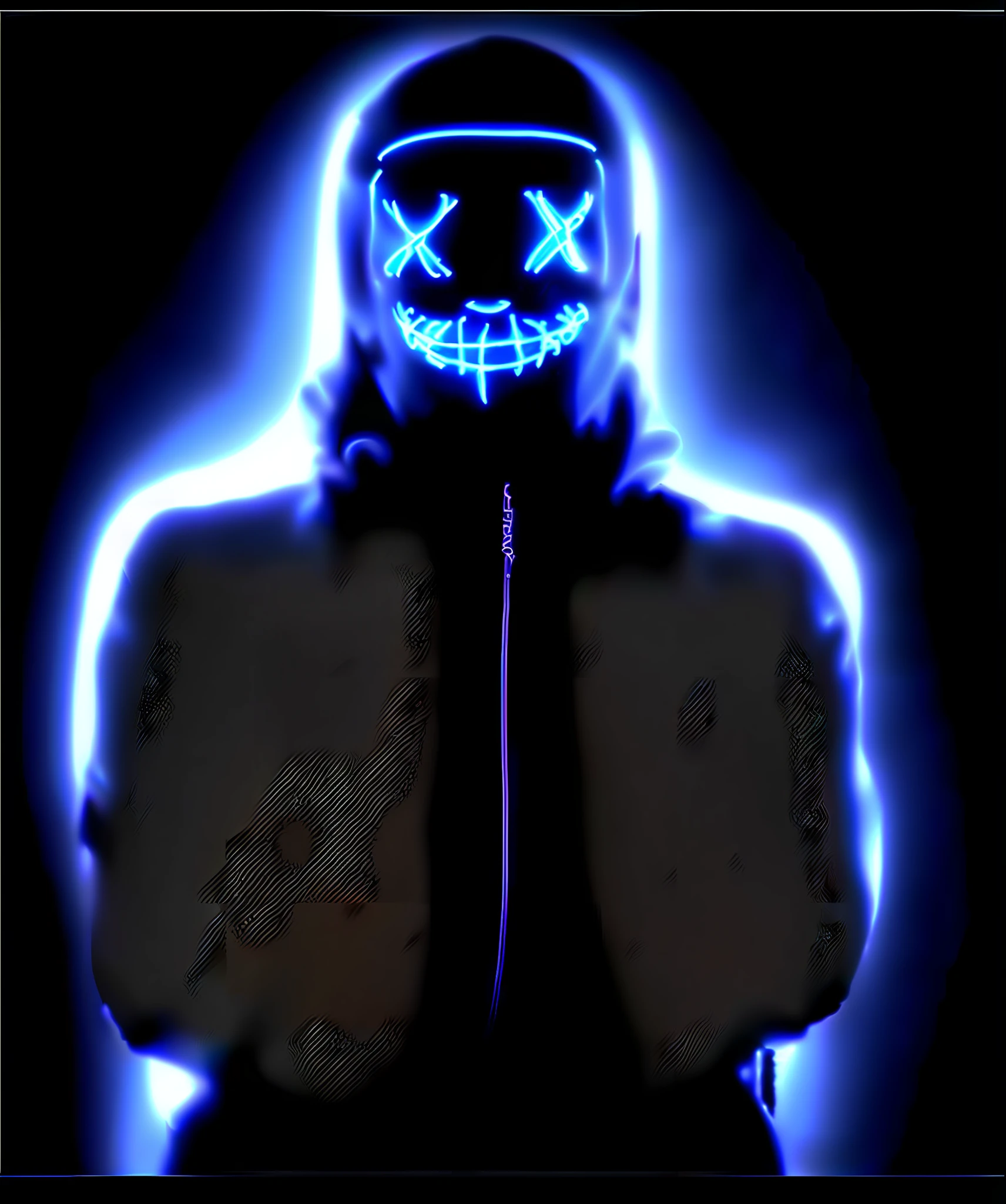 a closeup of a person wearing a neon mask, rosto azul brilhante, neon e escuro, sorriso maligno e olhos brilhantes, olhos e boca brilhantes, Neon fantasma, usando um capuz azul neon, hacker, hacker cyberpunk, blacklight aesthetic, Neon Noir, brilho maligno, luzes elaboradas. mask on face, em um beco durante o expurgo, glowing head