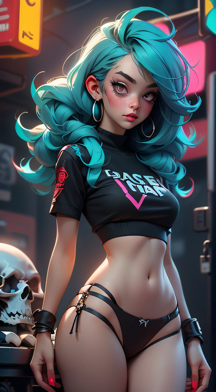 ((Best Quality)), ((Masterpiece)), ((Realistic)) and ultra-detailed photography of a 1nerdy girl with goth and neon colors. She has ((turquoise hair)), wears a (tech-wear top) and a (black thong, red pattern:1.2) , ((beautiful and aesthetic)), sexy, under-boobs, hot