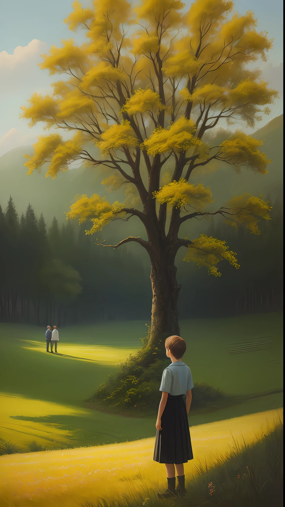Realistic, authentic, beautiful and amazing landscape oil painting . 2 trees and 1 girl 1 boy in the field