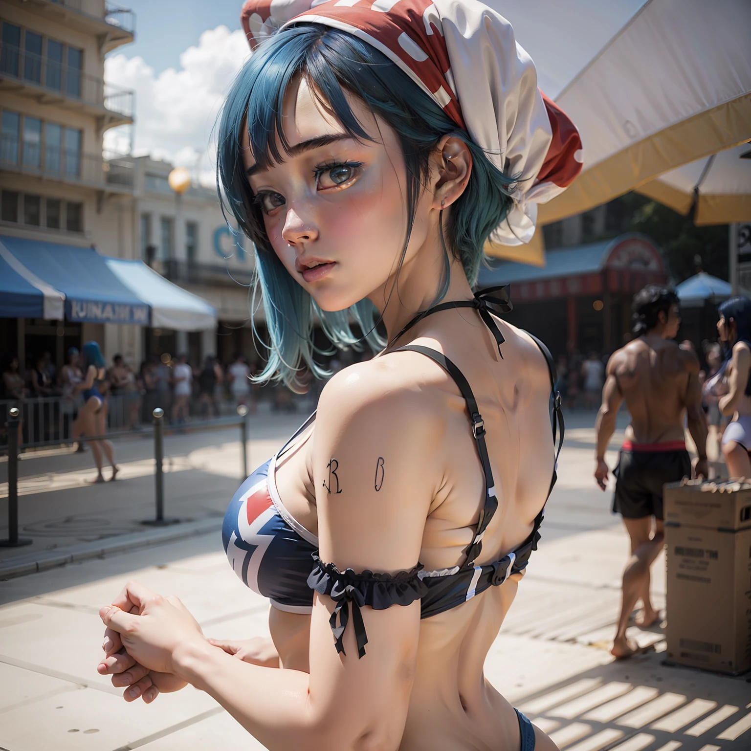 Swimsuit amusement park blue hair