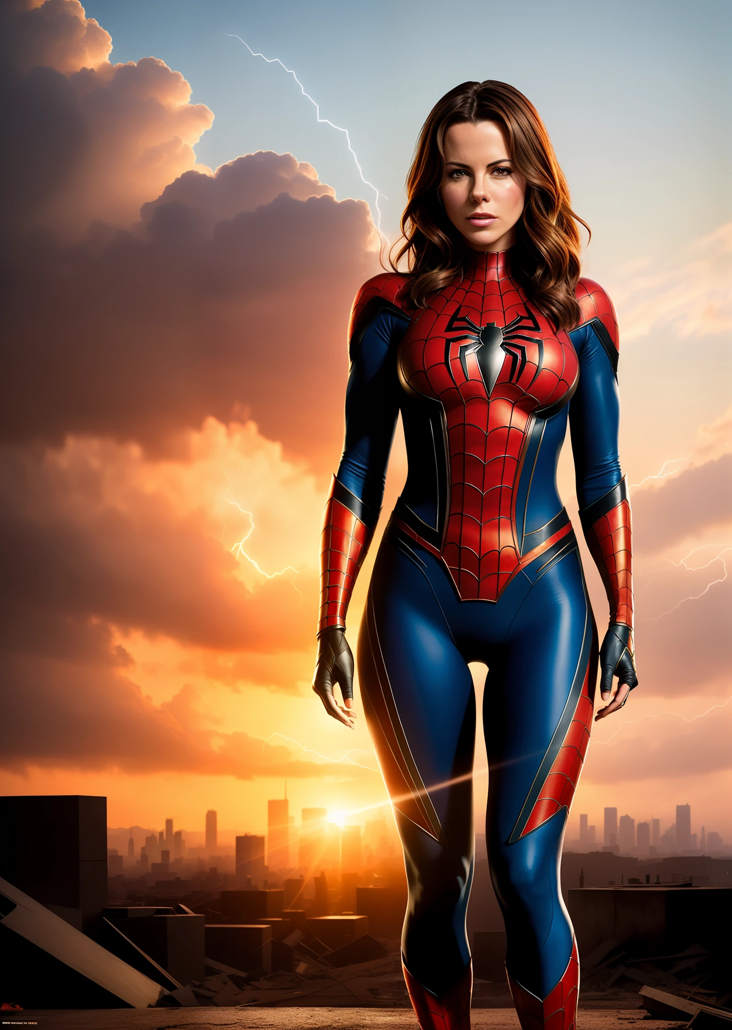 Kate Beckinsale in detailed brown Spider-Man costume, large breasts, superhero pose, standing in ruined city at sunset, hyperdetailed, smoke, sparks, sunbeams, (8k), realistic, symmetrical, award-winning, cinematic lightning, soaked, film, 75mm, scratches, full body shot, close-up, torn and dirty clothes, detailed face,
