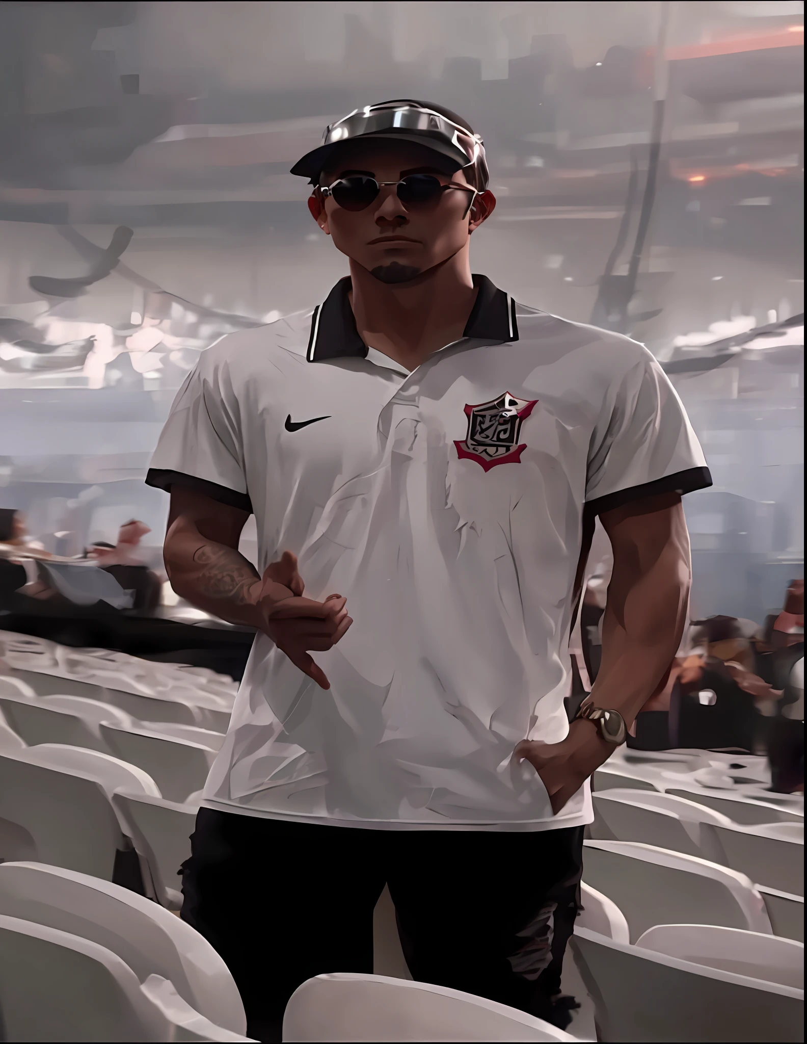 Corinthians, fotorrealista, ultra realista, 3D, artstation, cgsocorinthians ciety, 8 k, fotografia premiada de um lindo homem torcendo para o corinthians na arquibancada, (moda), (cabelo marrom: 1.2), cheeckbones, rosto detalhado, Bejeweled, uma bela jaqueta de couro longa , jeans preto, time do corinthians, camisa do corinthians (pele primorosamente detalhada, anatomia perfeita, diafragma liso, gap between thighs), brightly colored sunglasses, vibrantes. cartoon style.