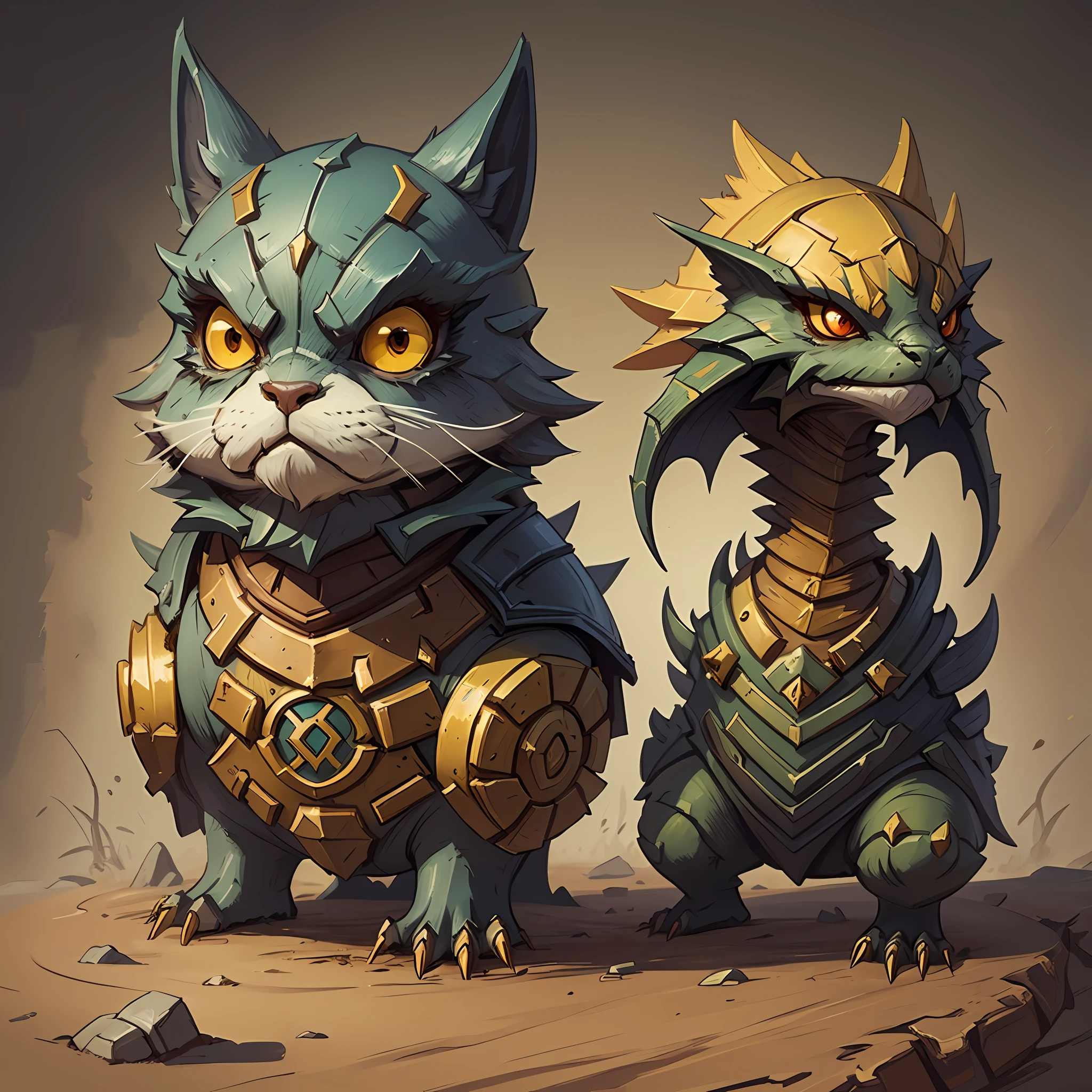 best qualtiy,tmasterpiece,Need,((Sealed wasteland punk creatures)),guarding,supporting,Hearthstone painting style,Funny expressions,Complex structures,Red and yellow color scheme,Non-human(Soil attribute 1.2),Flattening(1.4),Textured,Dark simple background --auto --s2