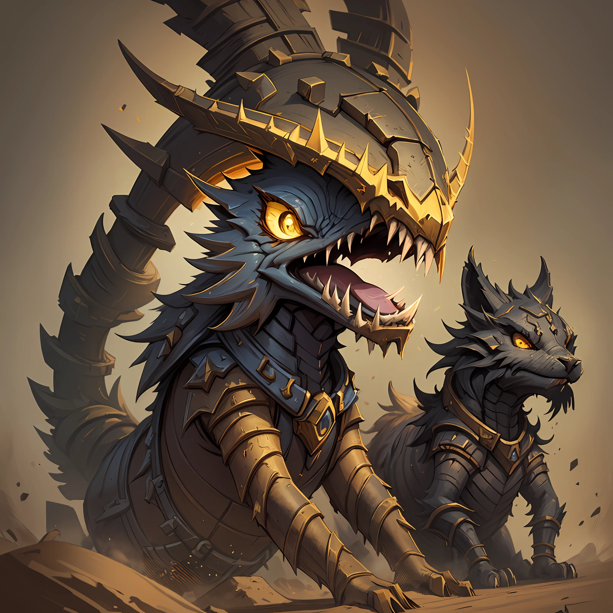best qualtiy,tmasterpiece,Need,((Sealed wasteland punk creatures)),guarding,supporting,Hearthstone painting style,Funny expressions,Complex structures,Red and yellow color scheme,Non-human(Soil attribute 1.2),Flattening(1.4),Textured,Dark simple background --auto --s2