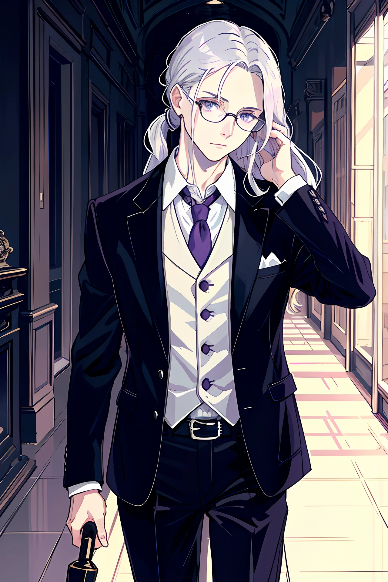 1boy, Long silver hair, (Pale skin:1.1), blazer jacket, walking stick, eye glass, Purple eyes, pony tails, (hand in own hair:1.2), Looking down, Deep blue eyes, Rococo,