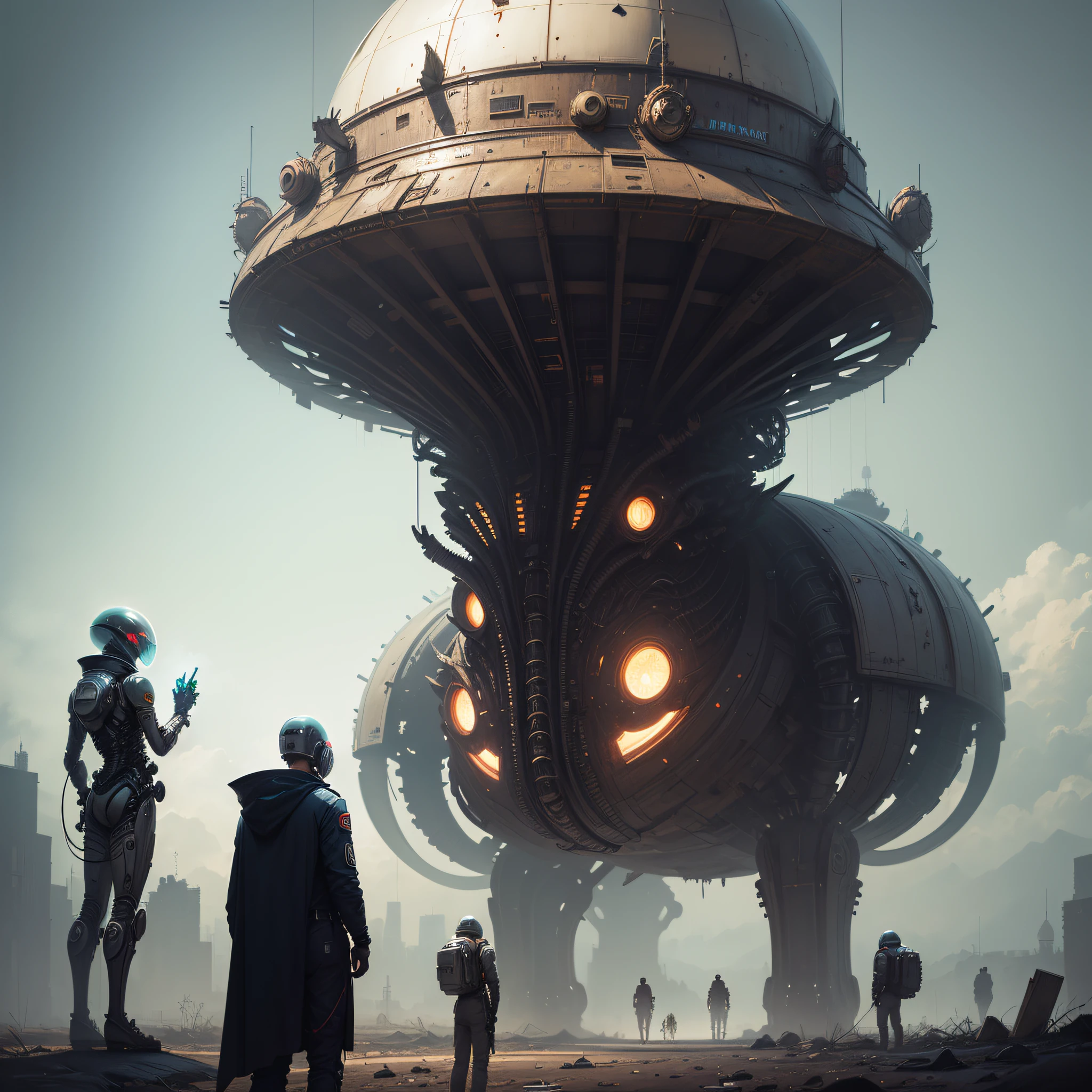 astronauts and pilgrims contemplating an Intricately Detailed MOTHER SHIP OF THE ALIEN INVASION Biomechanical hybrid creature-spaceship MADE OF flesh and blood, Painting By Ismail_Inceoglu Tom Bagshaw Dan Witz CGSociety Fantasy Art 4K. h.r. giger masterpiece --auto